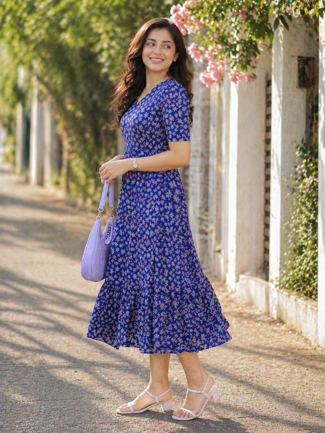 Women’s Floral Print Cotton Midi Dress with Ruffle Hem