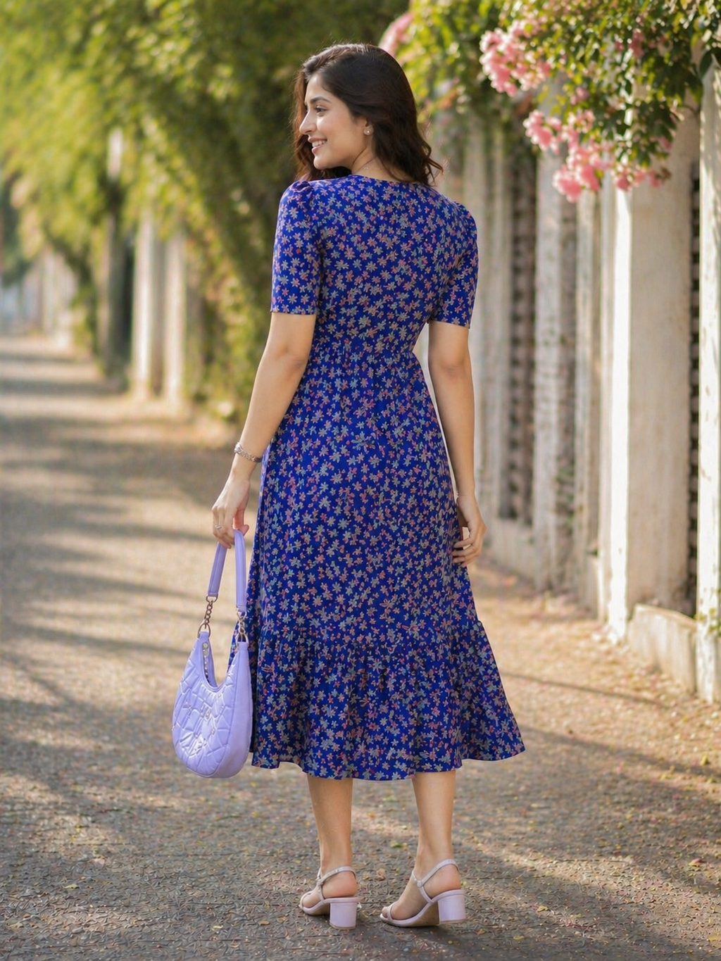 Women’s Floral Print Cotton Midi Dress with Ruffle Hem