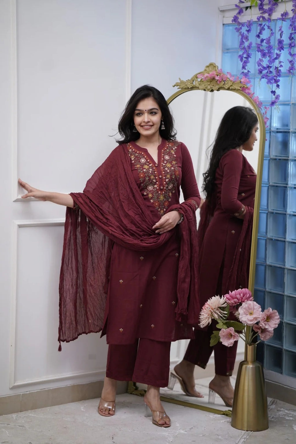 Deep Wine Rayon Slub Straight Kurta Set – Mandarin collar Neck Embroidery & Crinkled Dupatta