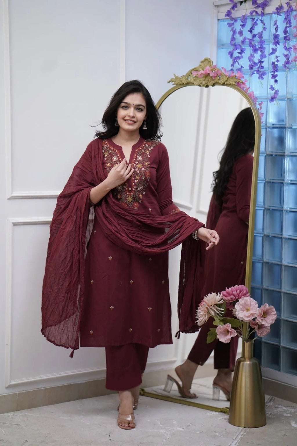 Deep Wine Rayon Slub Straight Kurta Set – Mandarin collar Neck Embroidery & Crinkled Dupatta