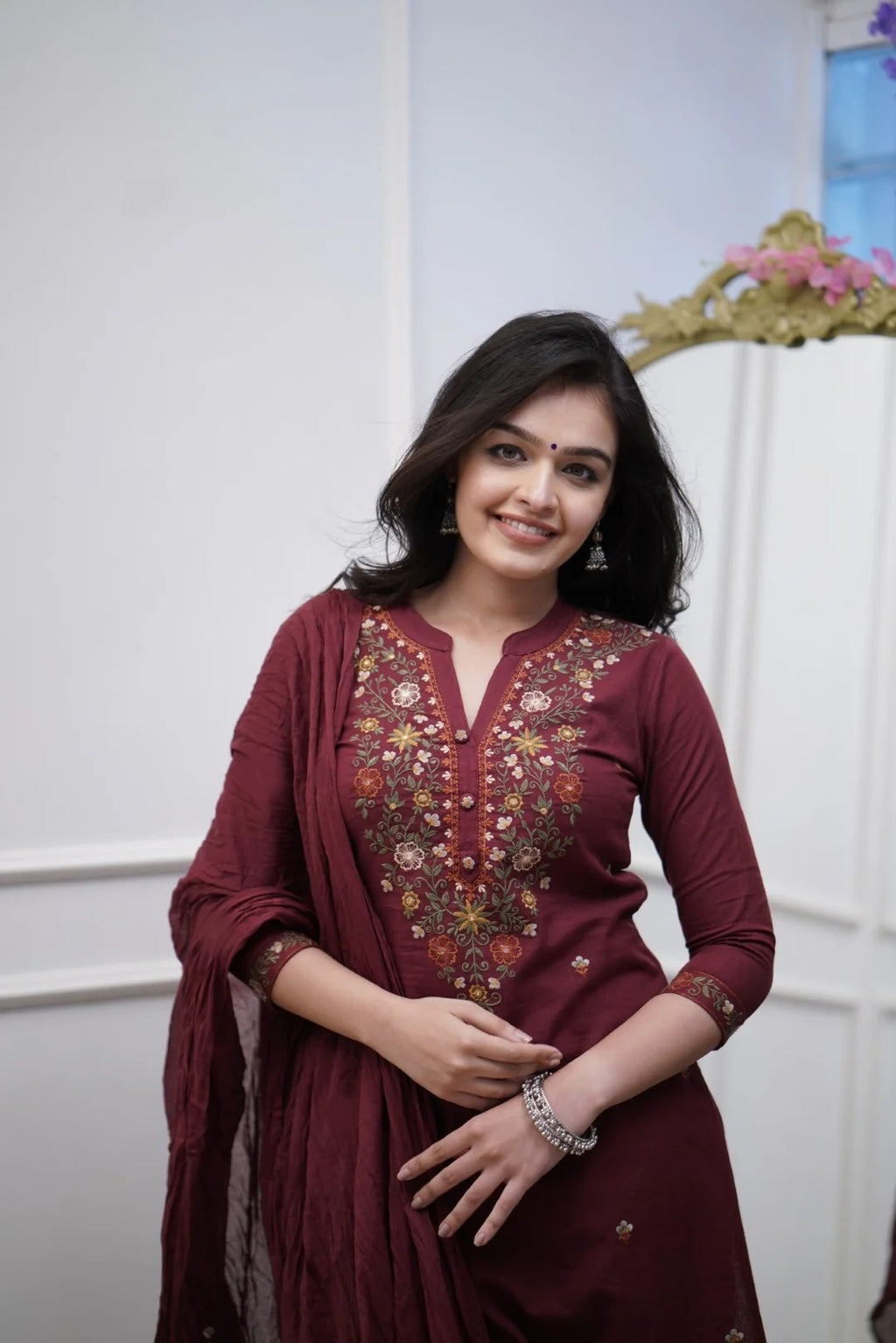 Deep Wine Rayon Slub Straight Kurta Set – Mandarin collar Neck Embroidery & Crinkled Dupatta