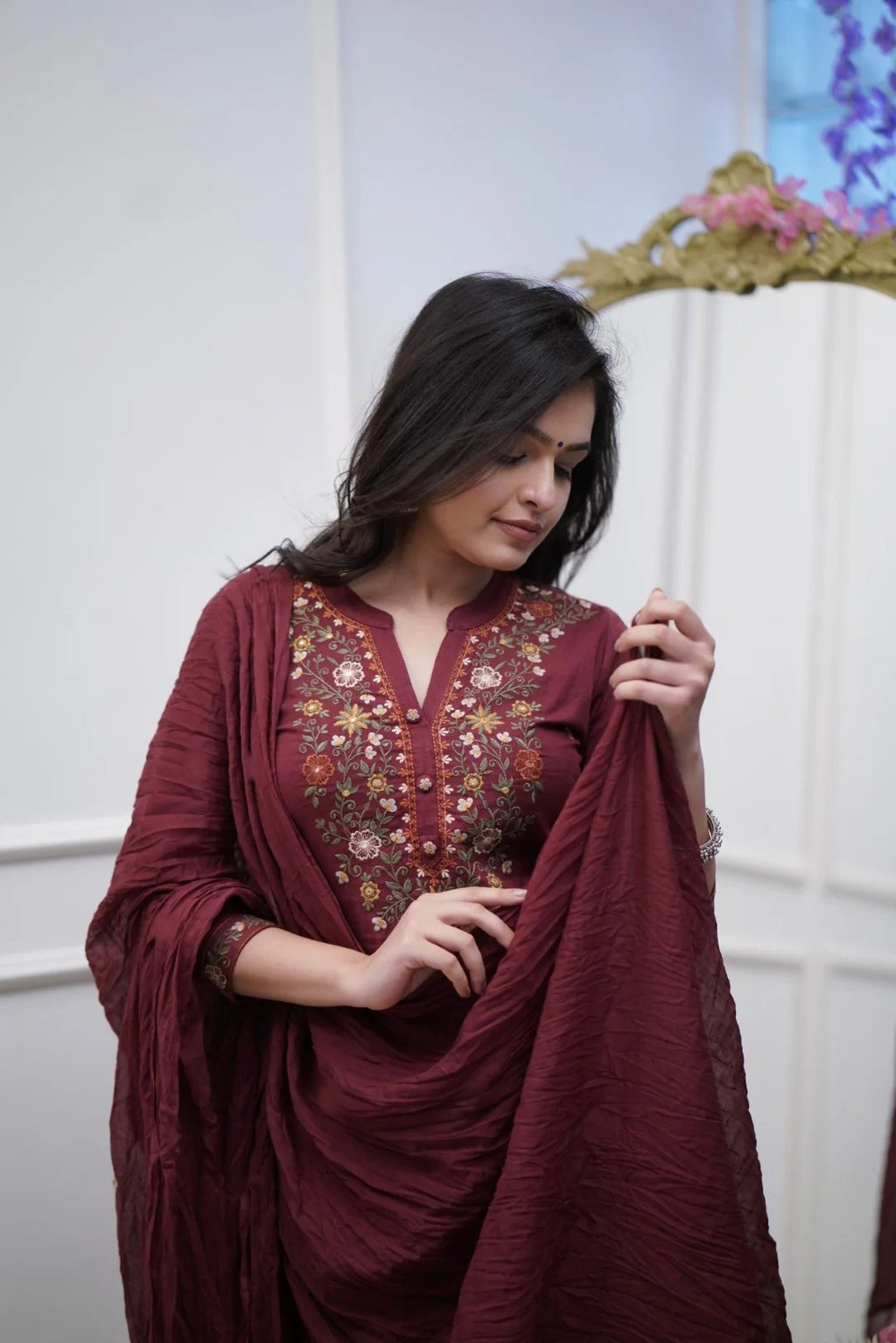 Deep Wine Rayon Slub Straight Kurta Set – Mandarin collar Neck Embroidery & Crinkled Dupatta