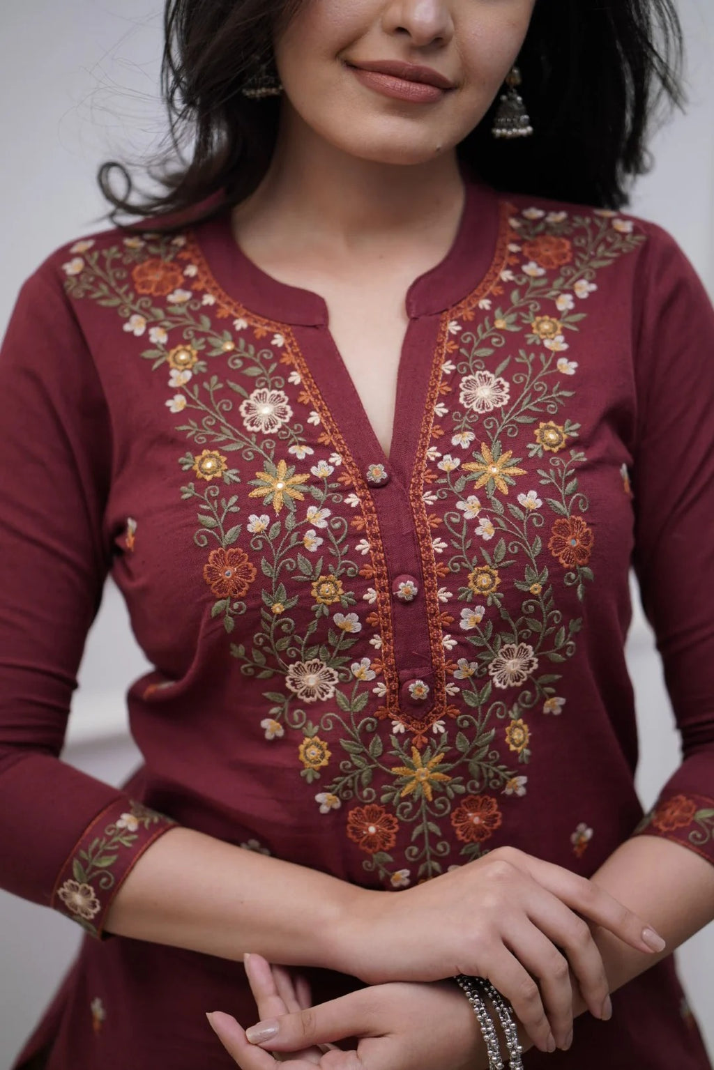 Deep Wine Rayon Slub Straight Kurta Set – Mandarin collar Neck Embroidery & Crinkled Dupatta