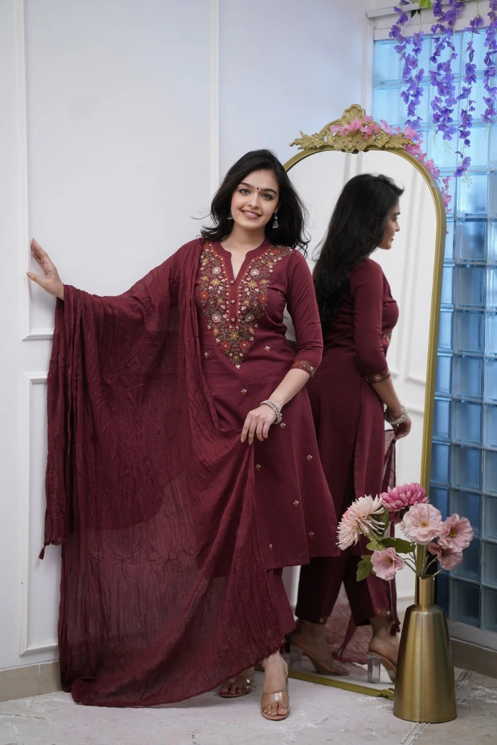 Deep Wine Rayon Slub Straight Kurta Set – Mandarin collar Neck Embroidery & Crinkled Dupatta
