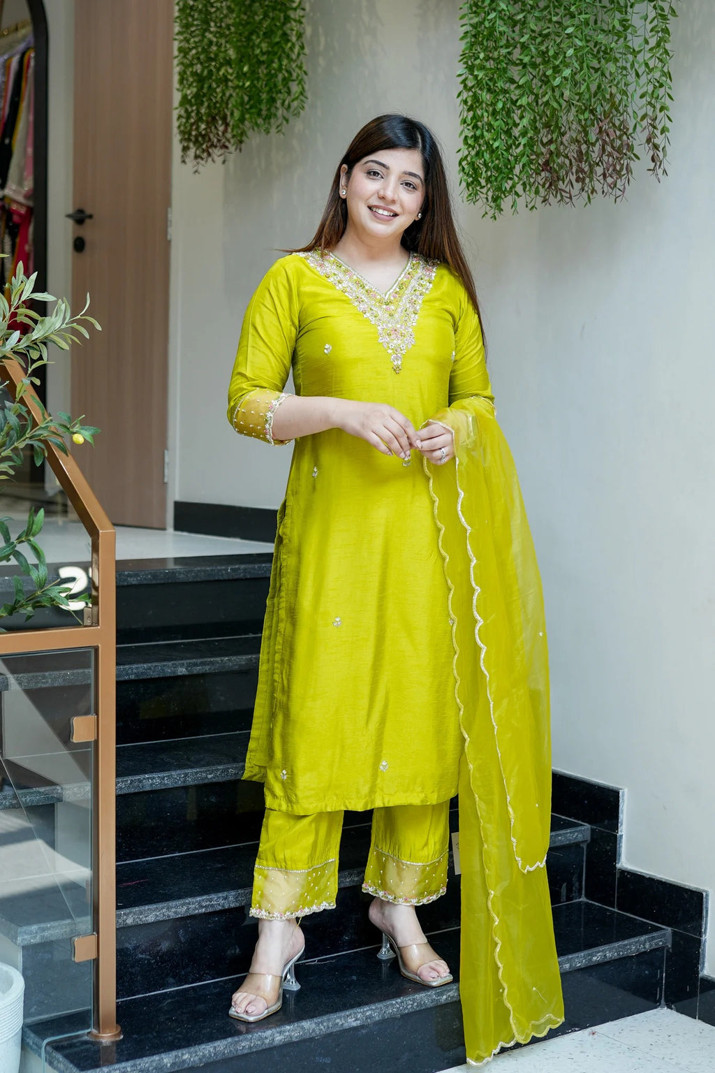 Luminous Lime Viscose Chanderi Silk Kurta Set with Scalloped V-Neck & Organza Accents