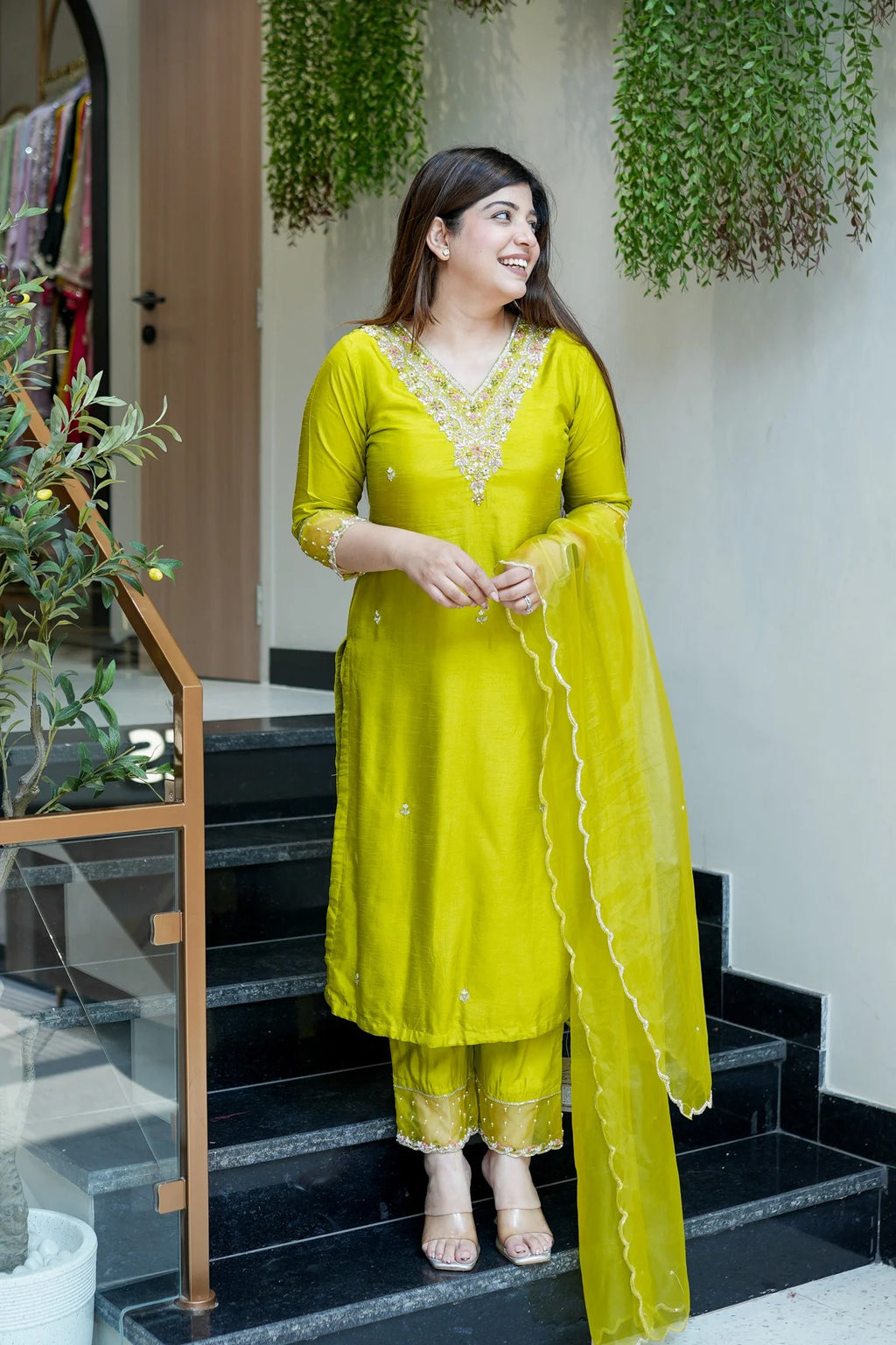 Luminous Lime Viscose Chanderi Silk Kurta Set with Scalloped V-Neck & Organza Accents