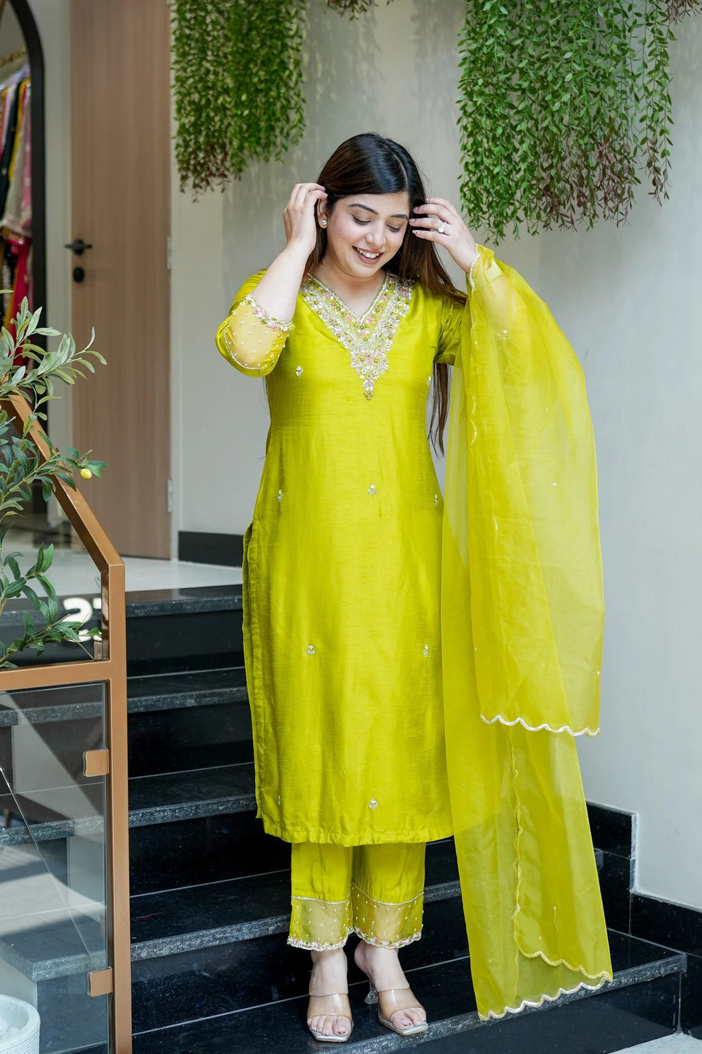 Luminous Lime Viscose Chanderi Silk Kurta Set with Scalloped V-Neck & Organza Accents