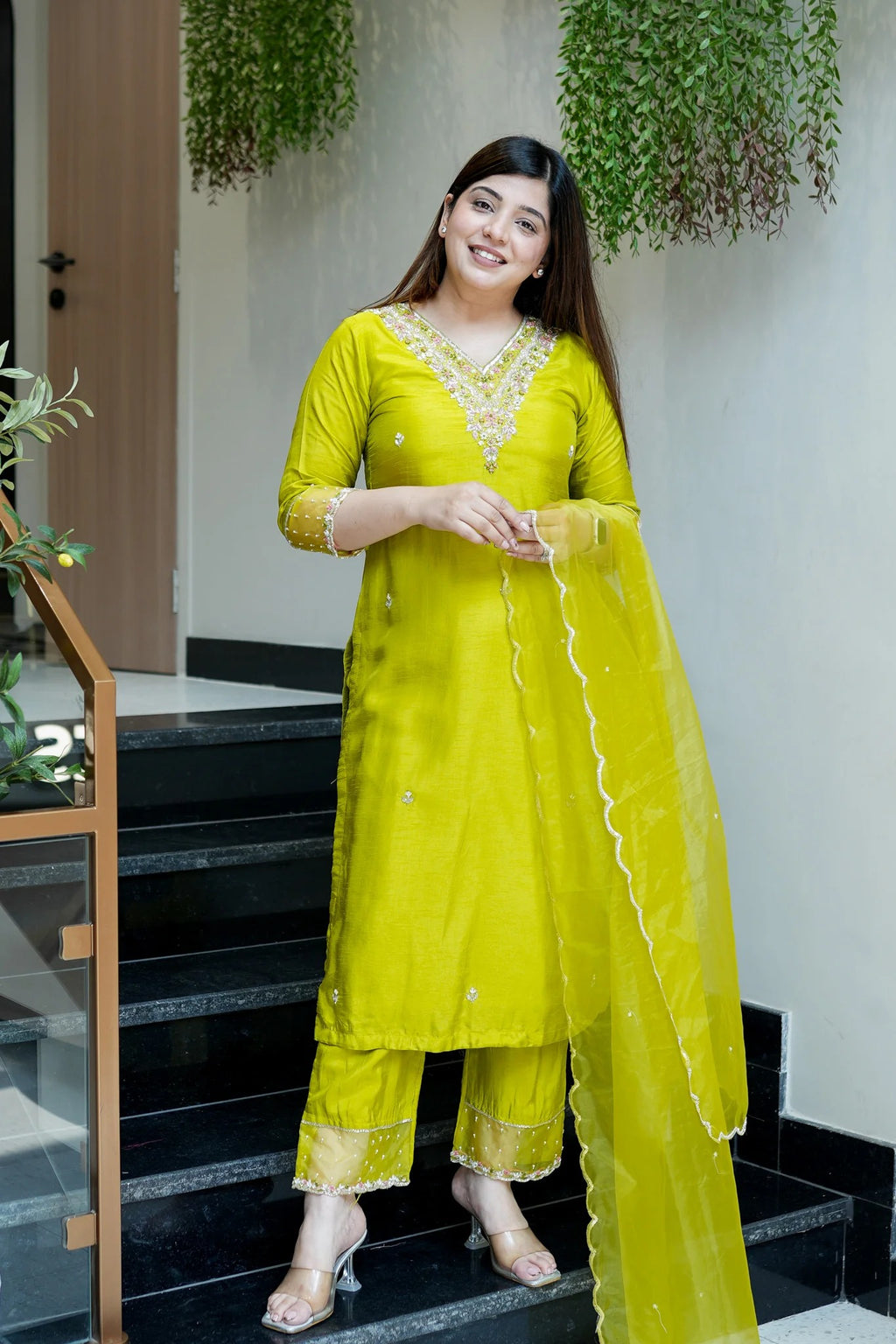 Luminous Lime Viscose Chanderi Silk Kurta Set with Scalloped V-Neck & Organza Accents