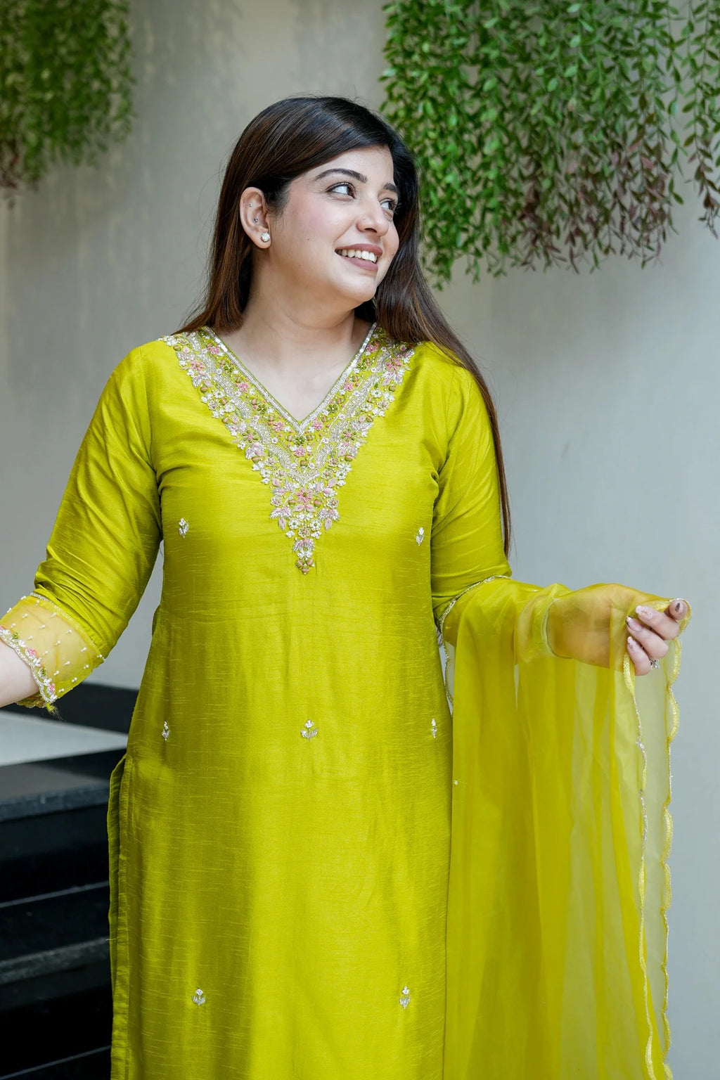 Luminous Lime Viscose Chanderi Silk Kurta Set with Scalloped V-Neck & Organza Accents