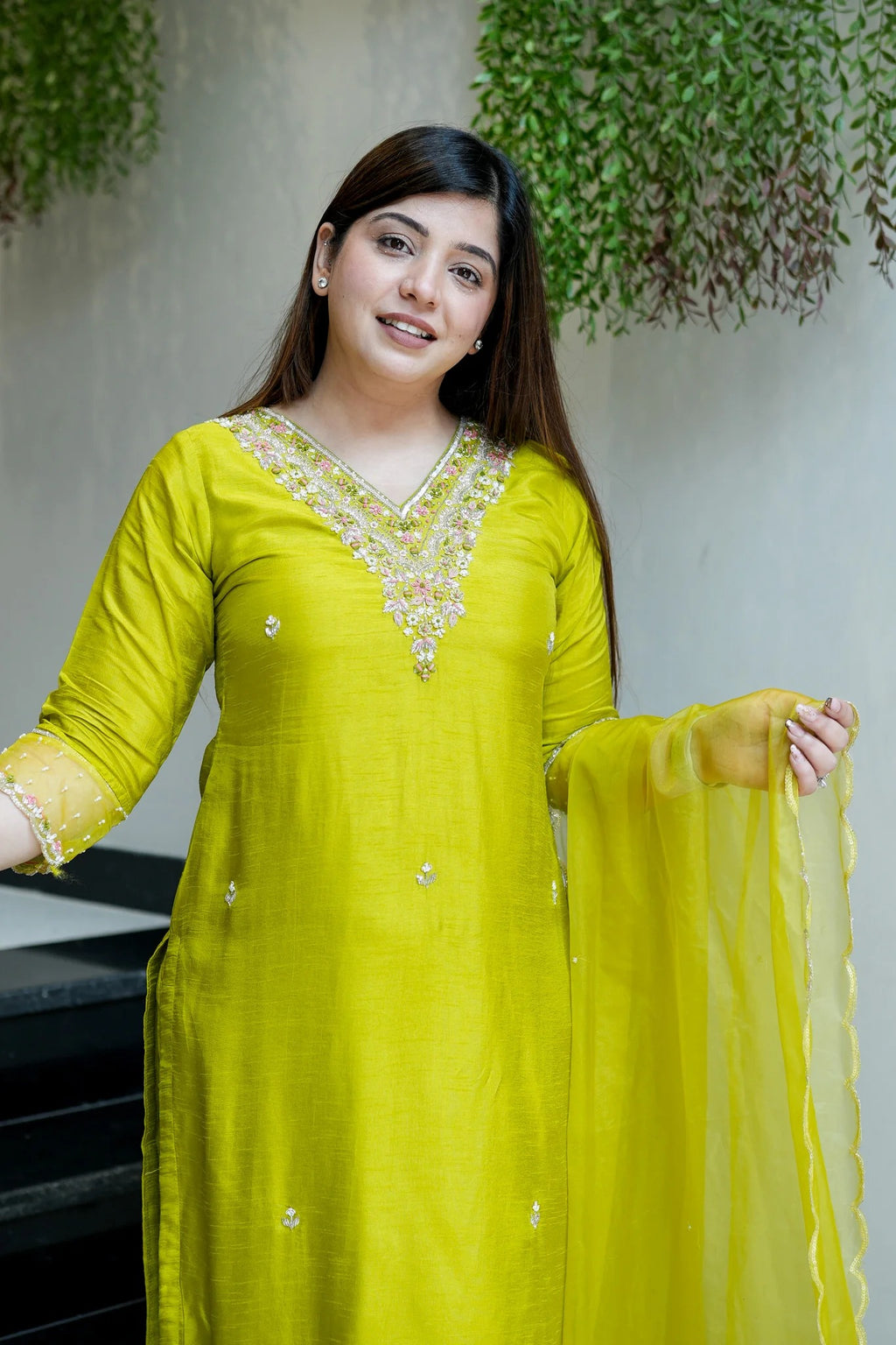 Luminous Lime Viscose Chanderi Silk Kurta Set with Scalloped V-Neck & Organza Accents