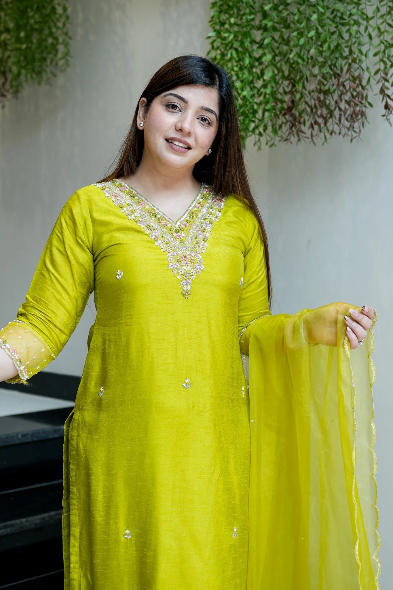 Luminous Lime Viscose Chanderi Silk Kurta Set with Scalloped V-Neck & Organza Accents