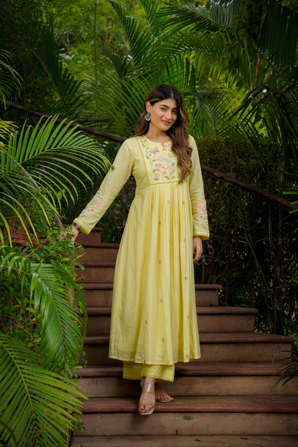 Primrose Yellow Chanderi Kurta Set with Floral Embroidery & Dupatta