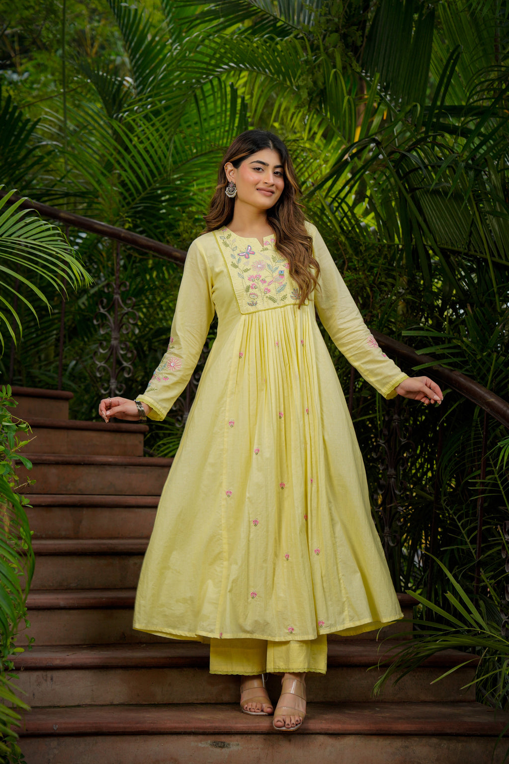 Primrose Yellow Chanderi Kurta Set with Floral Embroidery & Dupatta