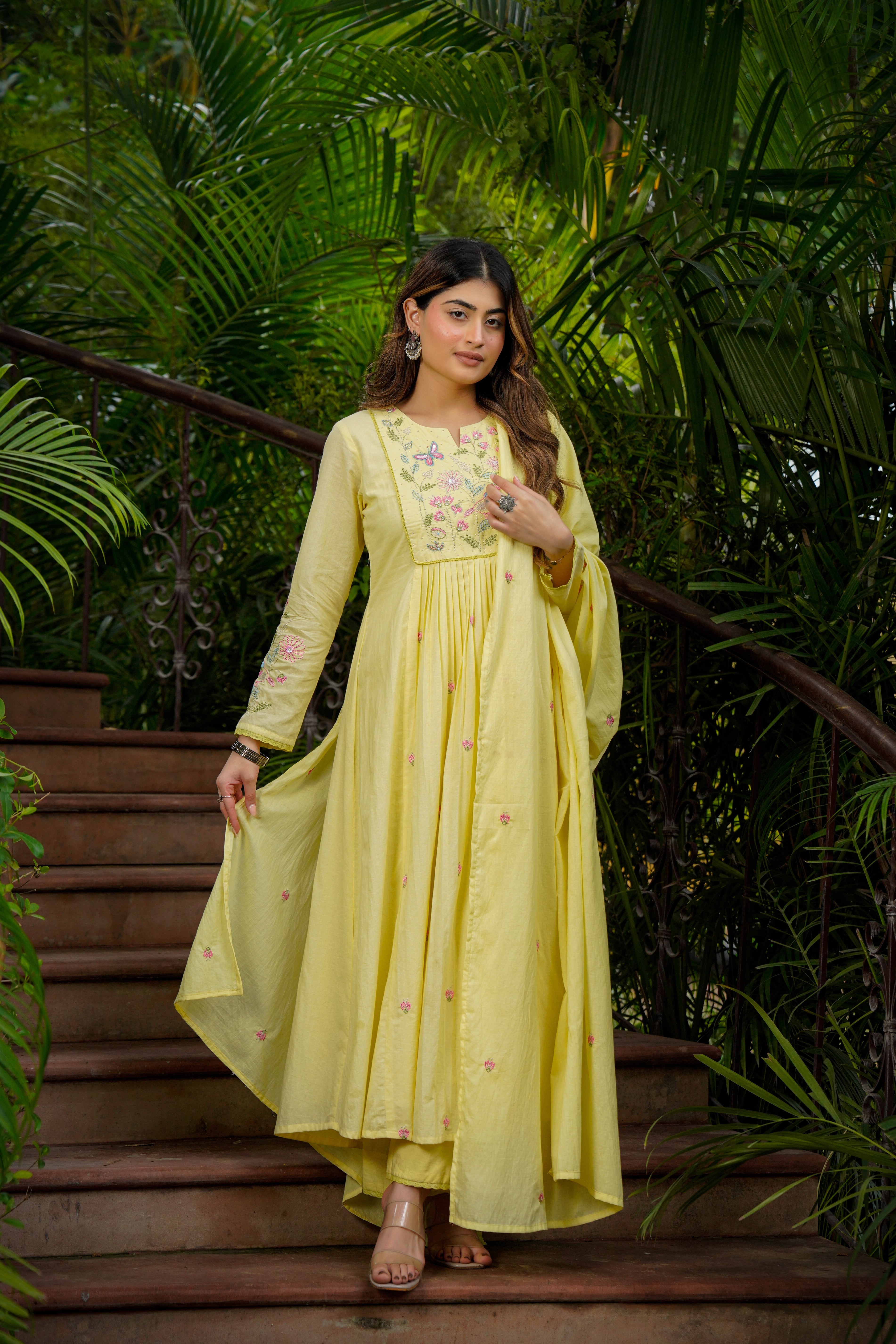 Primrose Yellow Chanderi Kurta Set with Floral Embroidery & Dupatta