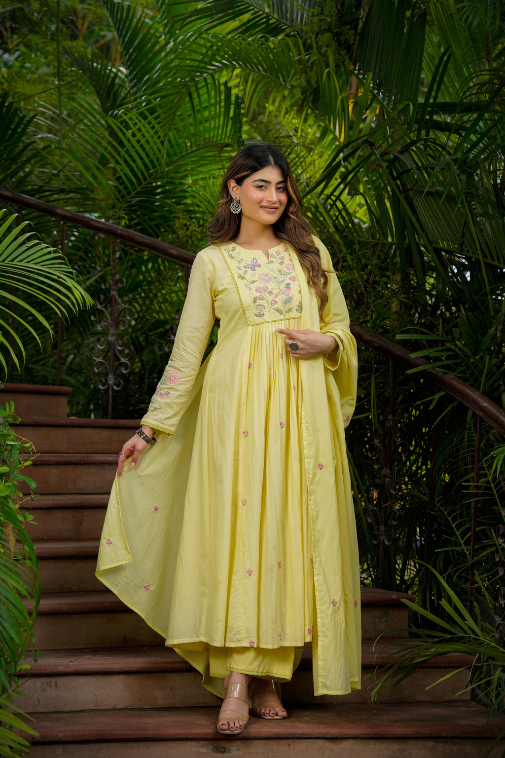 Primrose Yellow Chanderi Kurta Set with Floral Embroidery & Dupatta