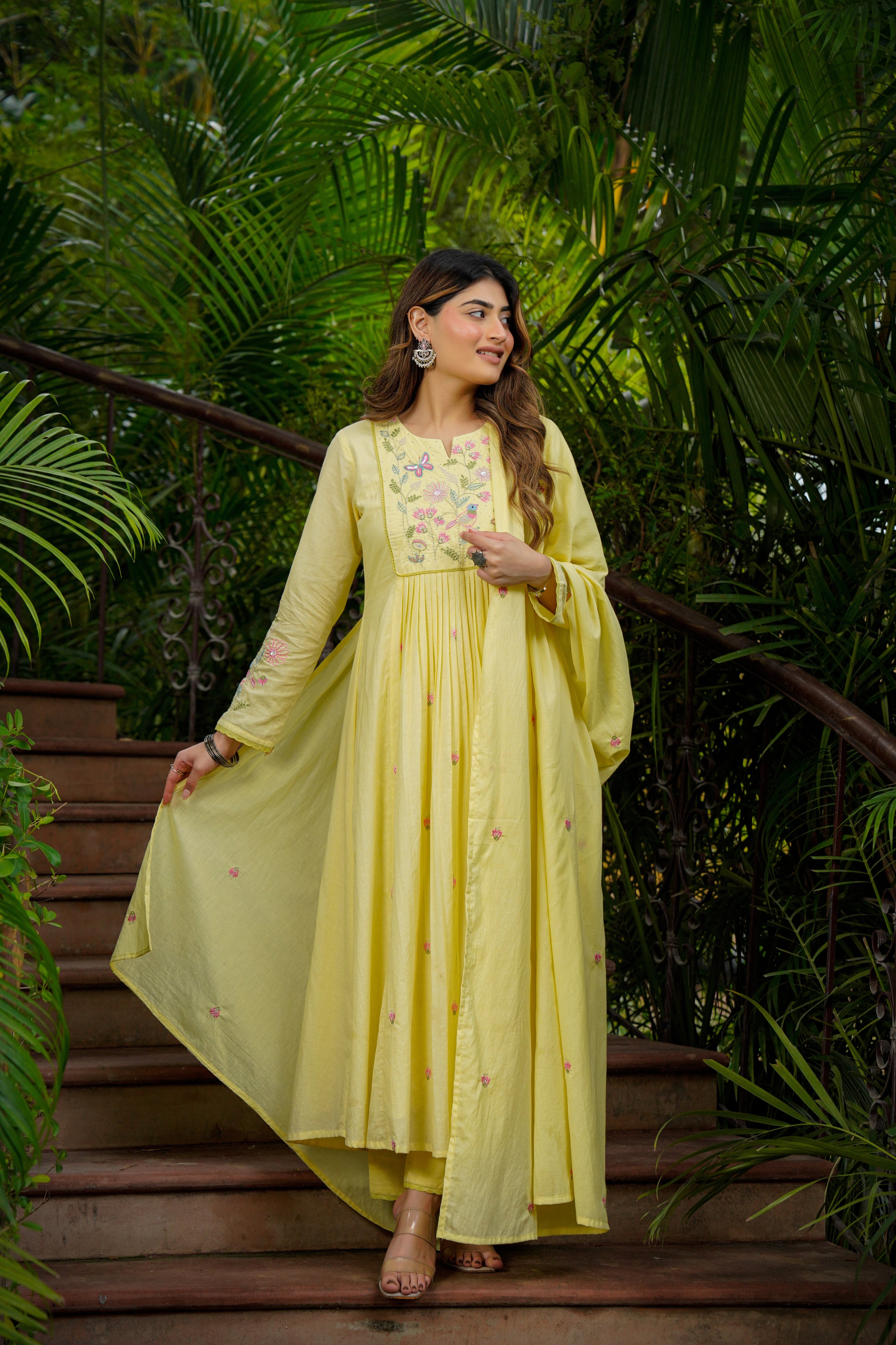 Primrose Yellow Chanderi Kurta Set with Floral Embroidery & Dupatta