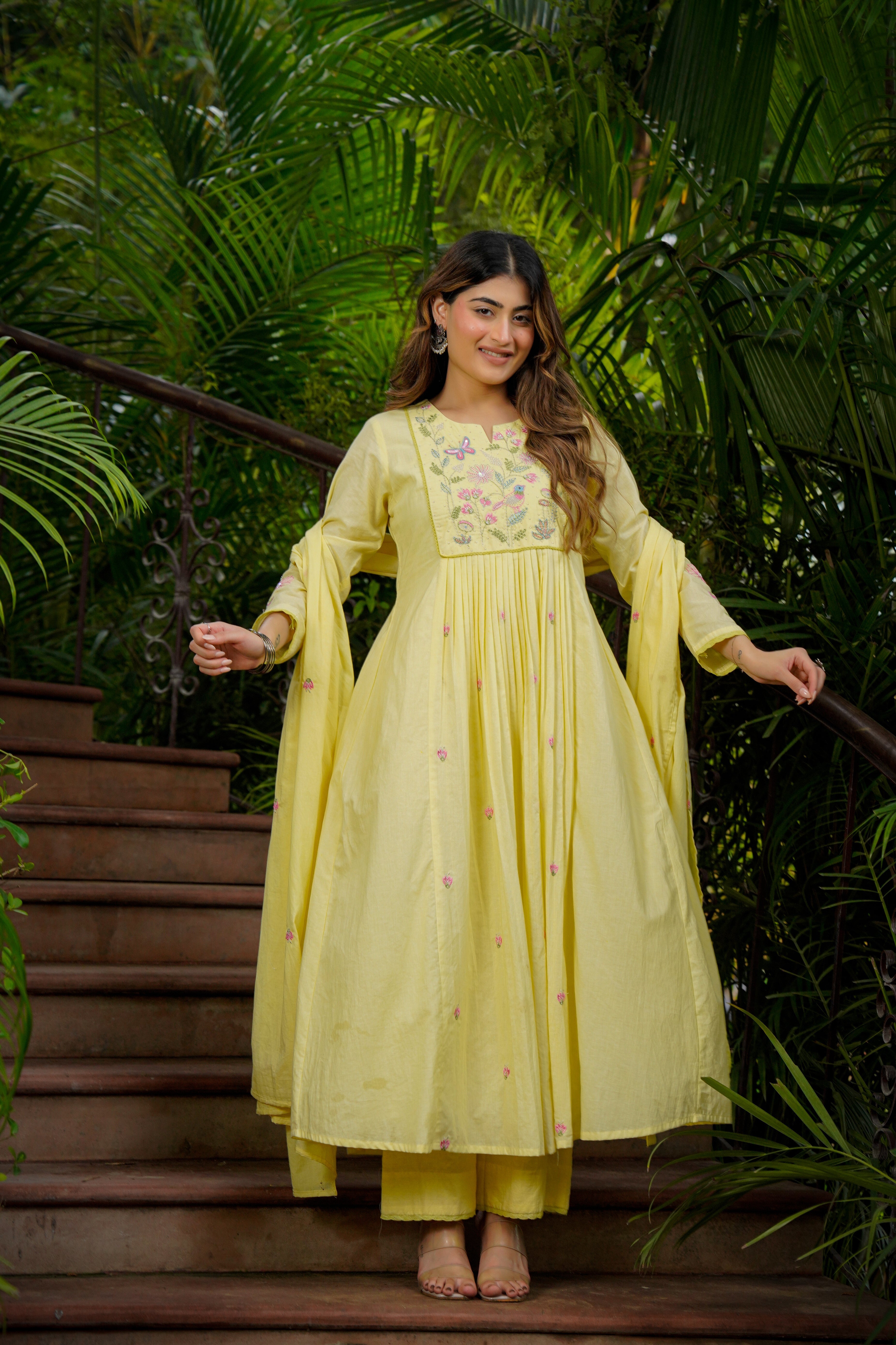 Primrose Yellow Chanderi Kurta Set with Floral Embroidery & Dupatta