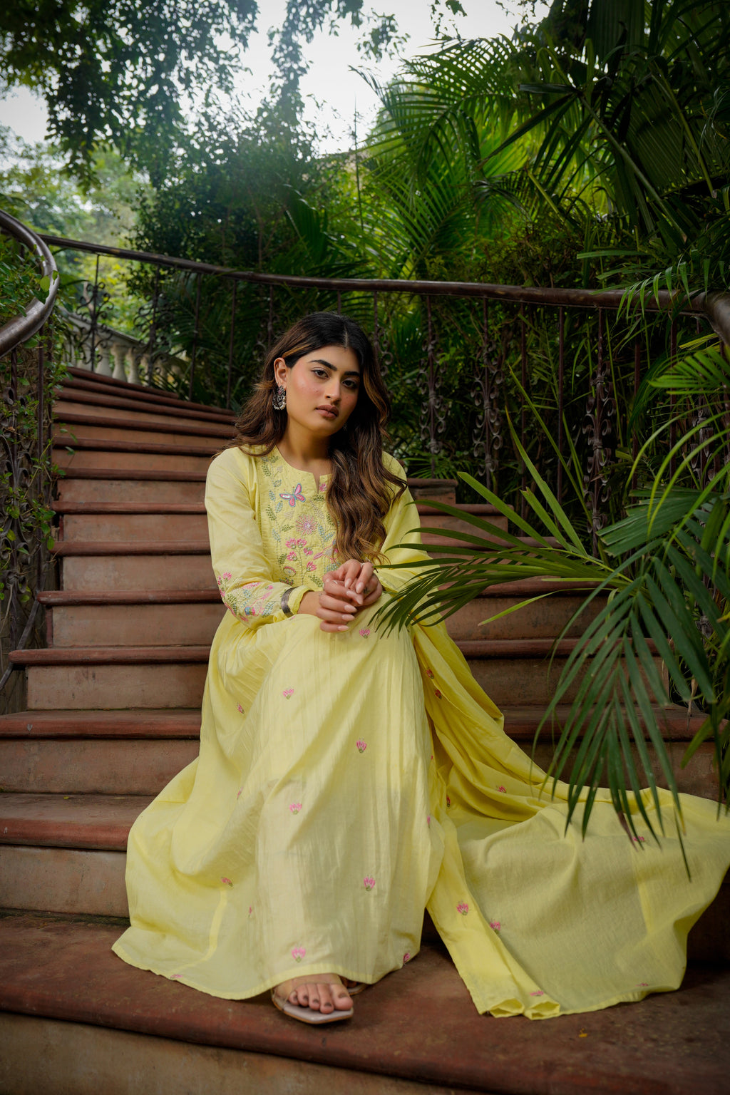 Primrose Yellow Chanderi Kurta Set with Floral Embroidery & Dupatta
