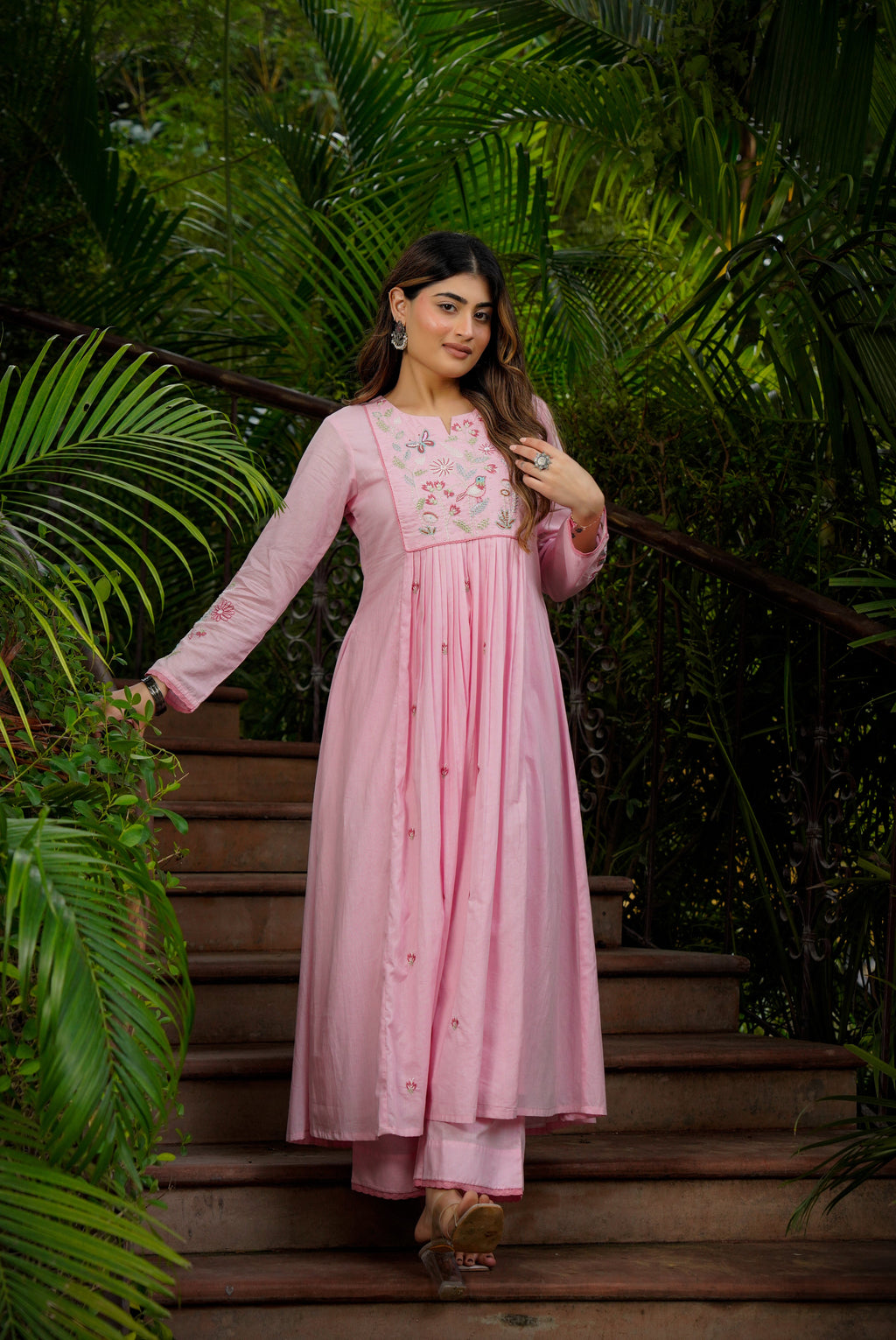 Pastel Pink Chanderi Silk Anarkali Kurta Set with Intricate Bird & Floral Embroidery