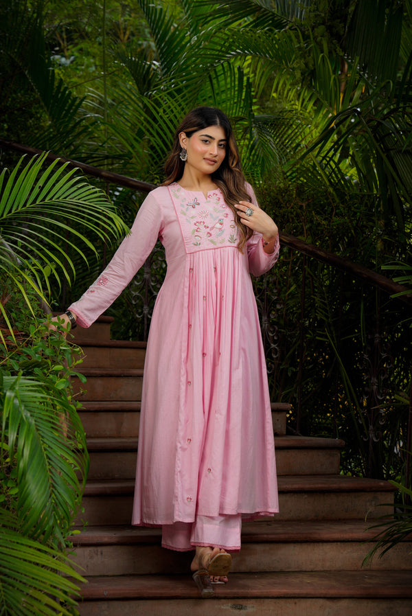 Pastel Pink Chanderi Silk Anarkali Kurta Set with Intricate Bird & Floral Embroidery