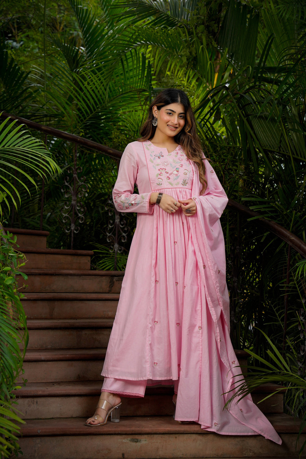 Pastel Pink Chanderi Silk Anarkali Kurta Set with Intricate Bird & Floral Embroidery