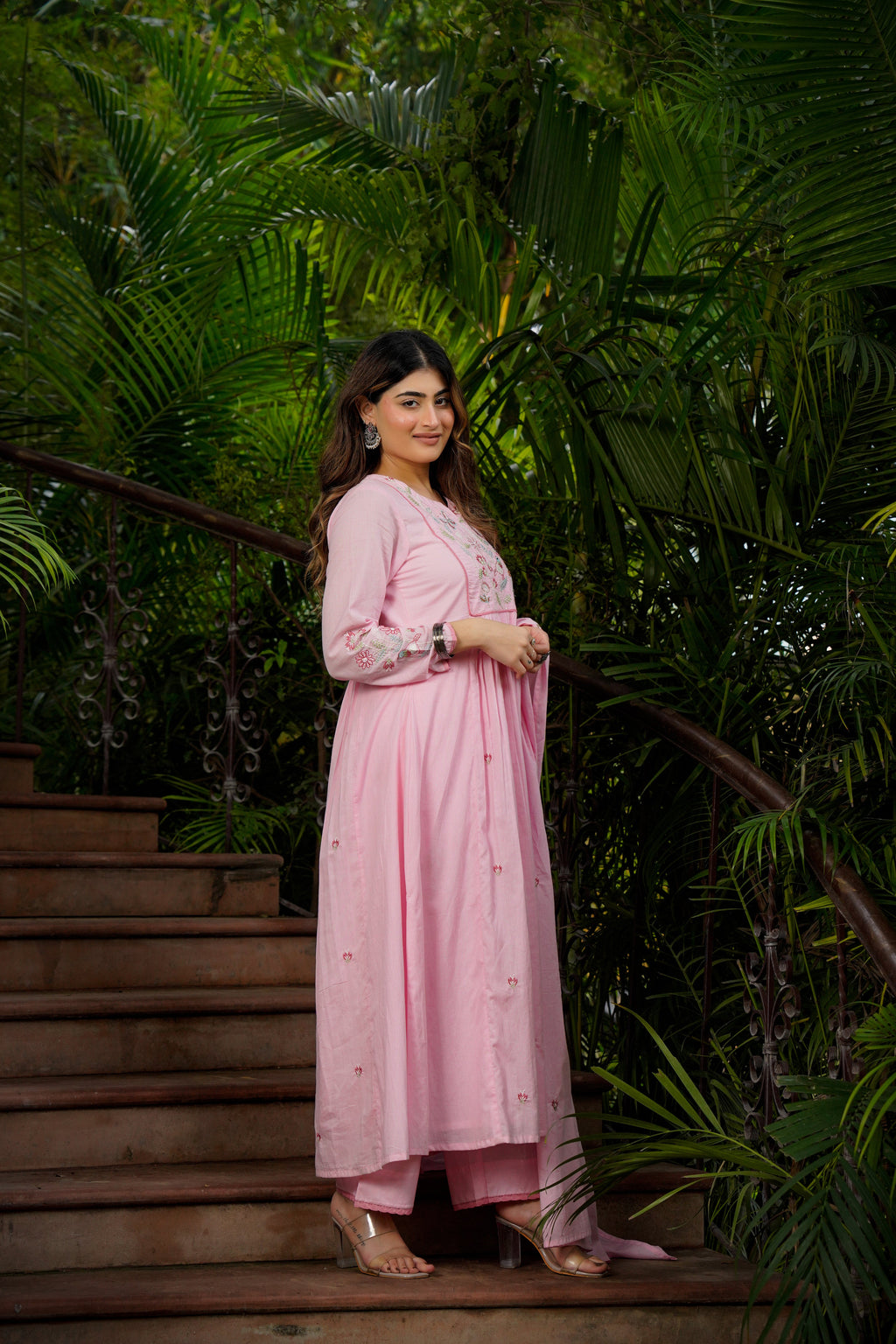 Pastel Pink Chanderi Silk Anarkali Kurta Set with Intricate Bird & Floral Embroidery