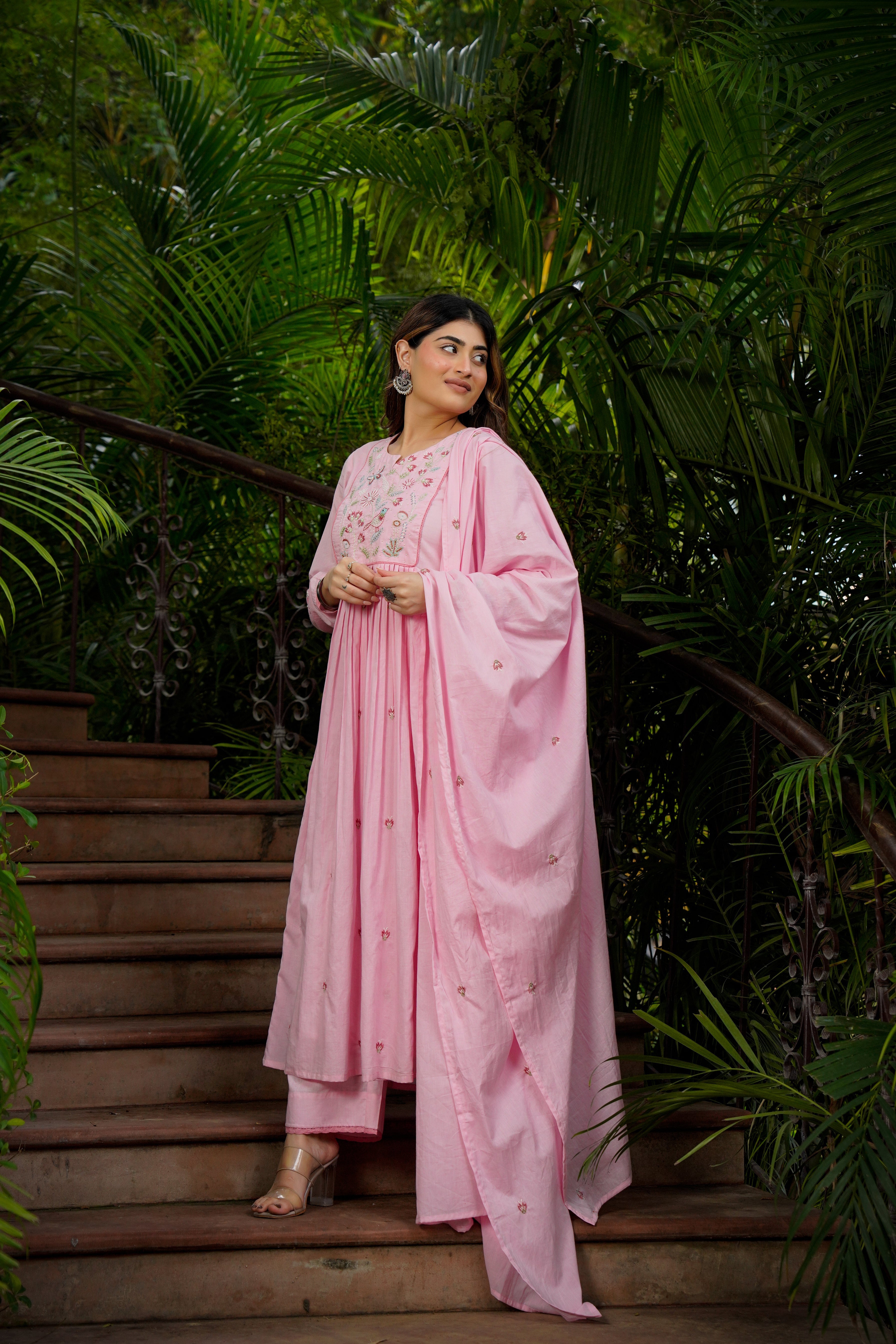 Pastel Pink Chanderi Silk Anarkali Kurta Set with Intricate Bird & Floral Embroidery