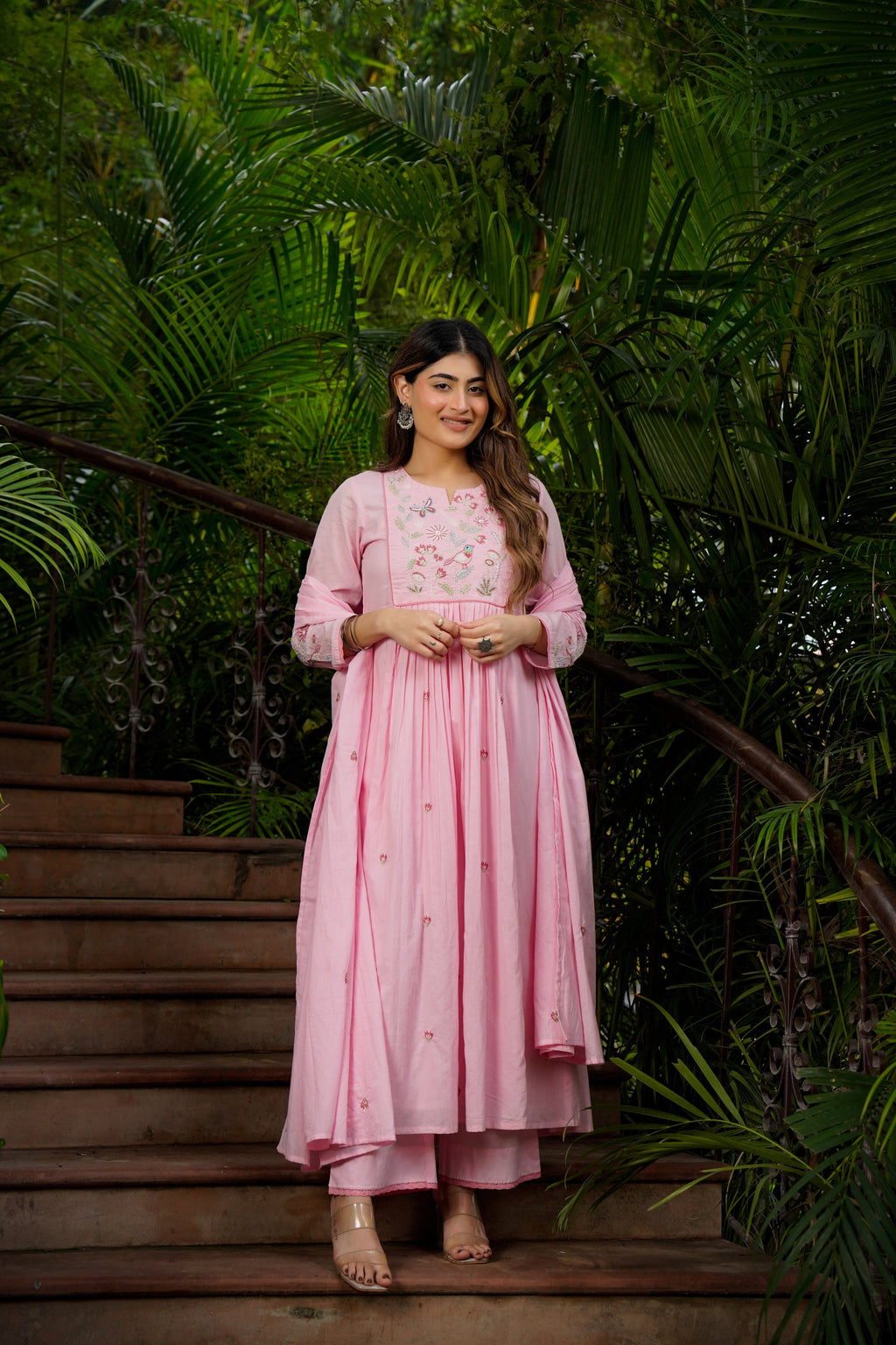 Pastel Pink Chanderi Silk Anarkali Kurta Set with Intricate Bird & Floral Embroidery