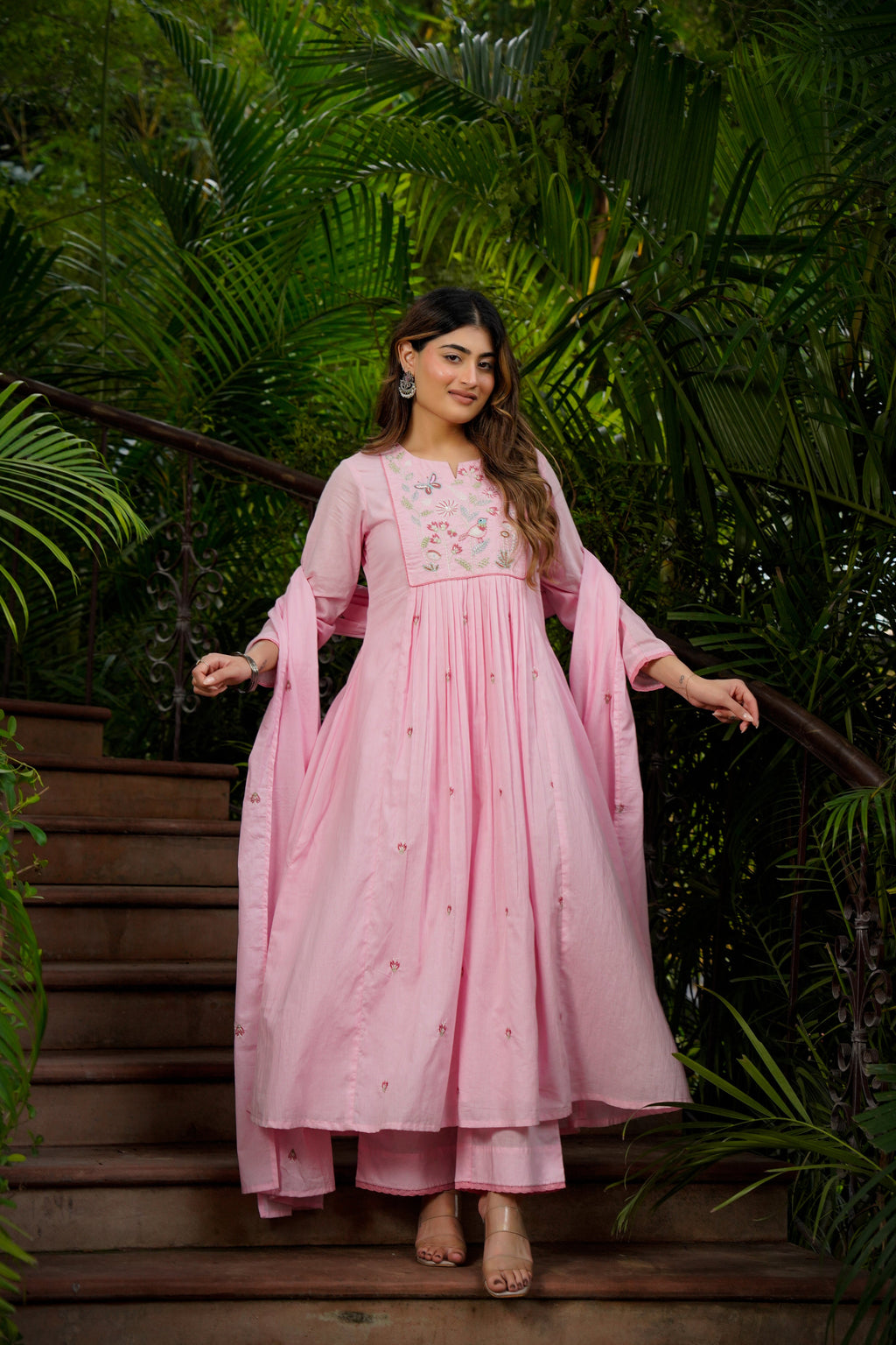 Pastel Pink Chanderi Silk Anarkali Kurta Set with Intricate Bird & Floral Embroidery
