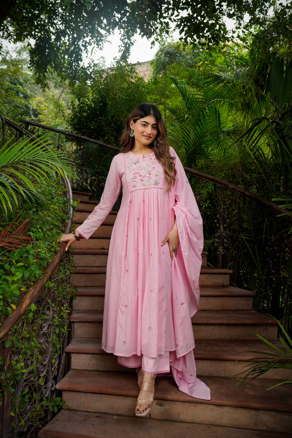 Pastel Pink Chanderi Silk Anarkali Kurta Set with Intricate Bird & Floral Embroidery
