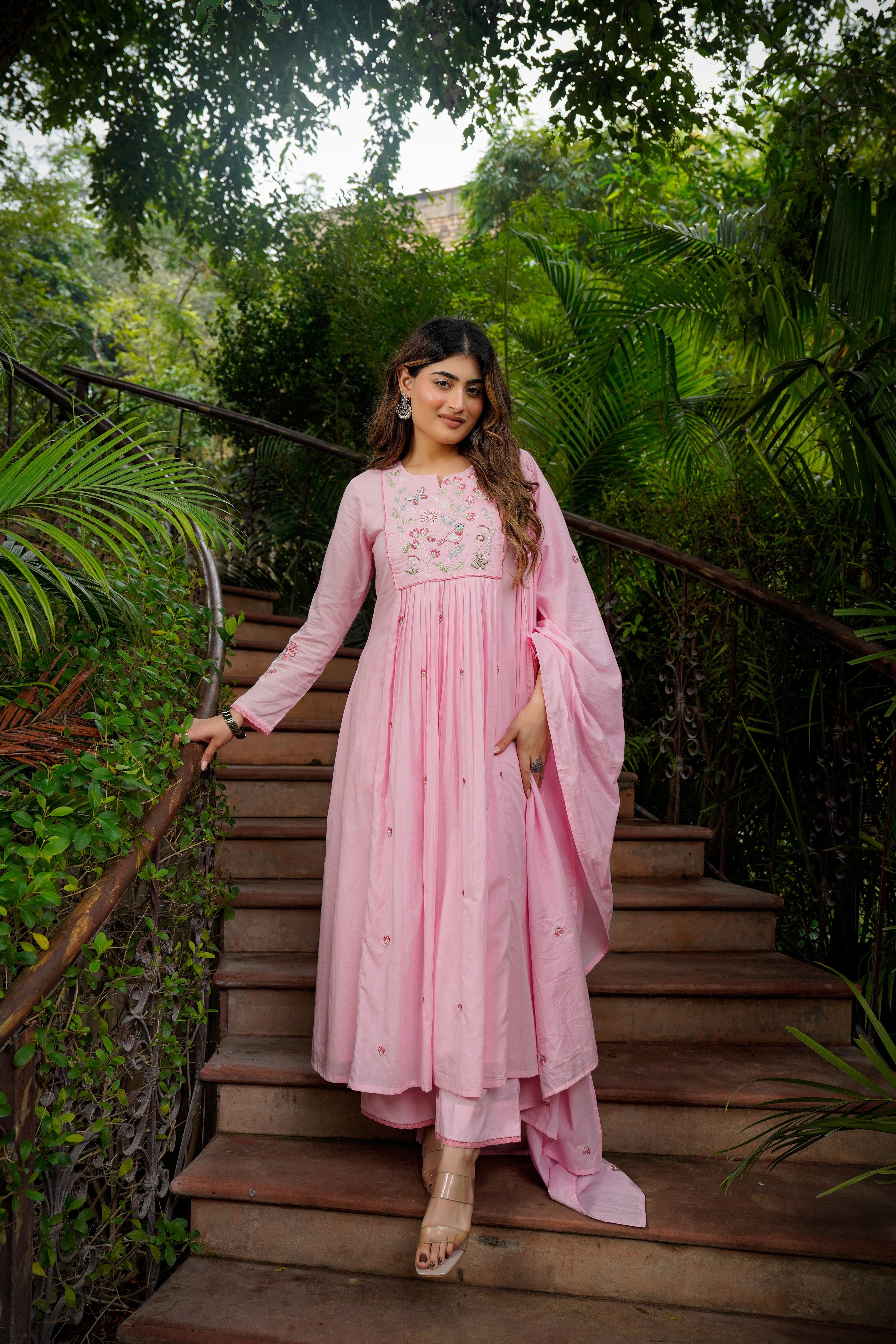 Pastel Pink Chanderi Silk Anarkali Kurta Set with Intricate Bird & Floral Embroidery