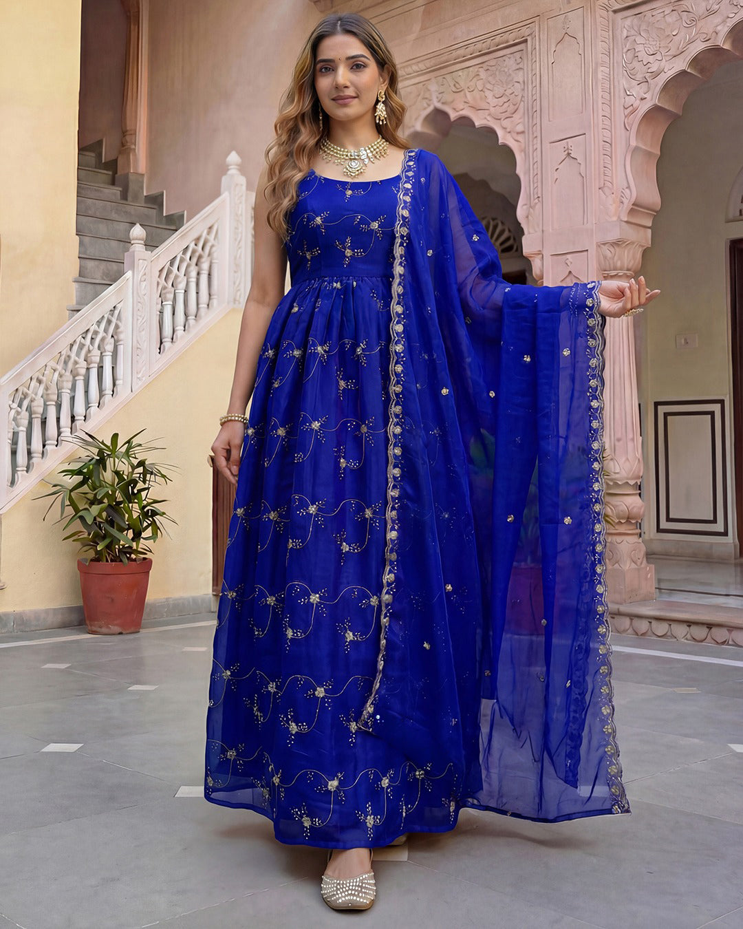 Royal Blue Embroidered Chanderi Silk Anarkali Kurta Set with Organza Dupatta