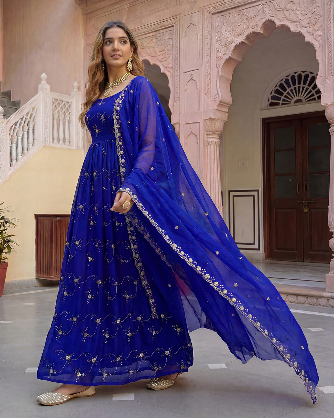 Royal Blue Embroidered Chanderi Silk Anarkali Kurta Set with Organza Dupatta
