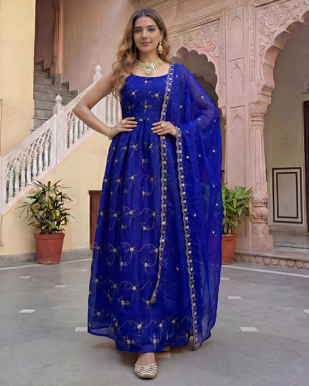 Royal Blue Embroidered Chanderi Silk Anarkali Kurta Set with Organza Dupatta