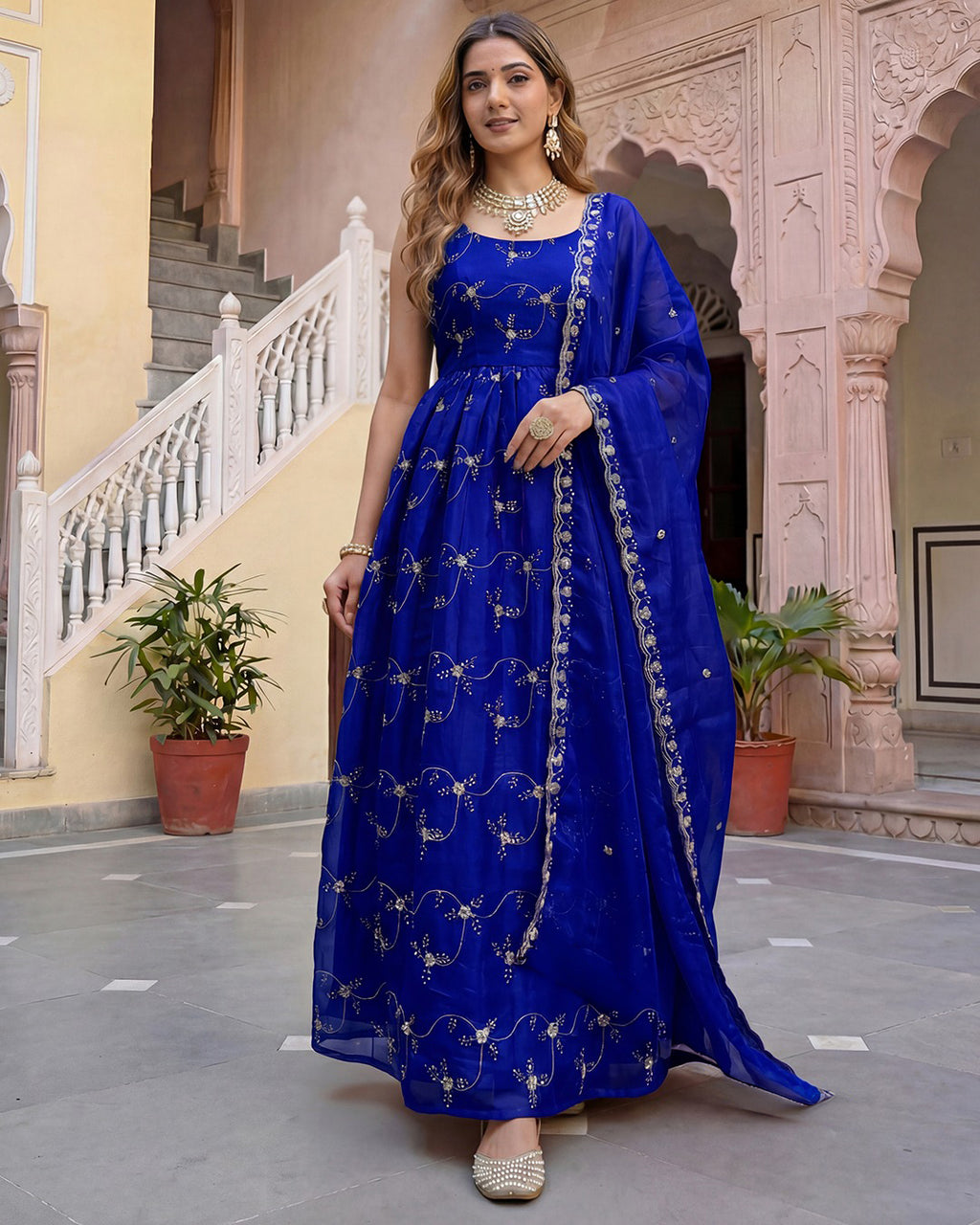 Royal Blue Embroidered Chanderi Silk Anarkali Kurta Set with Organza Dupatta