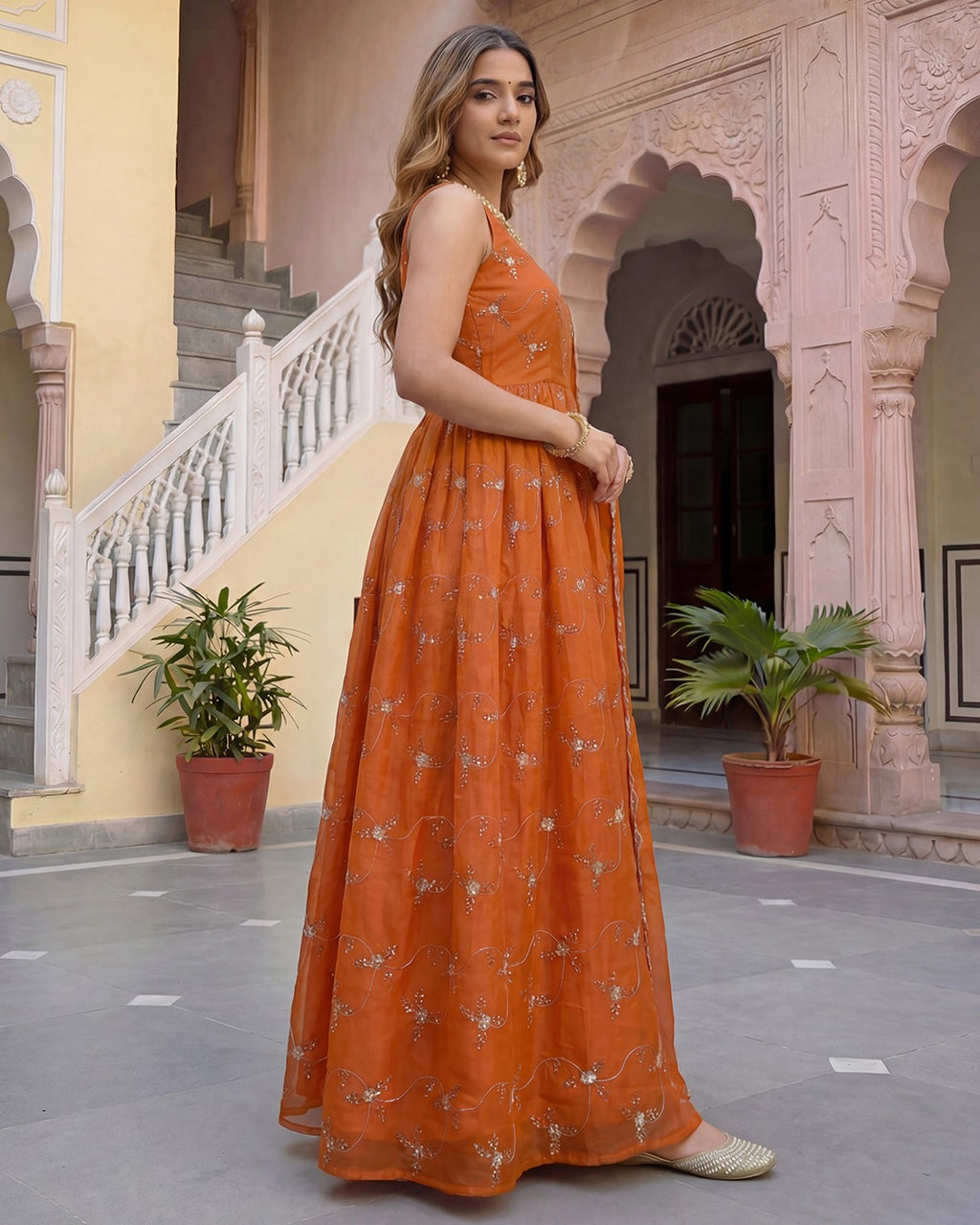 Rust Orange Embroidered Chanderi Silk Anarkali Set with Scalloped Organza Dupatta