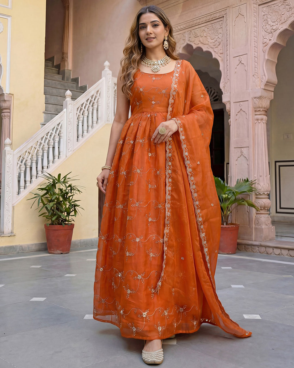 Rust Orange Embroidered Chanderi Silk Anarkali Set with Scalloped Organza Dupatta