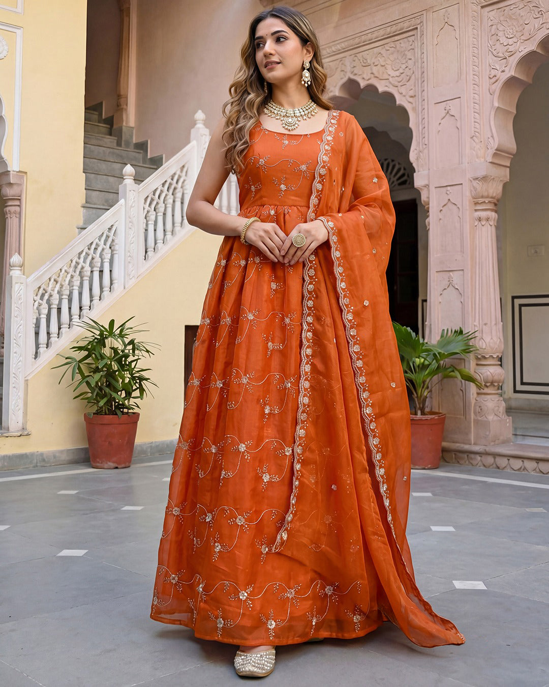 Rust Orange Embroidered Chanderi Silk Anarkali Set with Scalloped Organza Dupatta