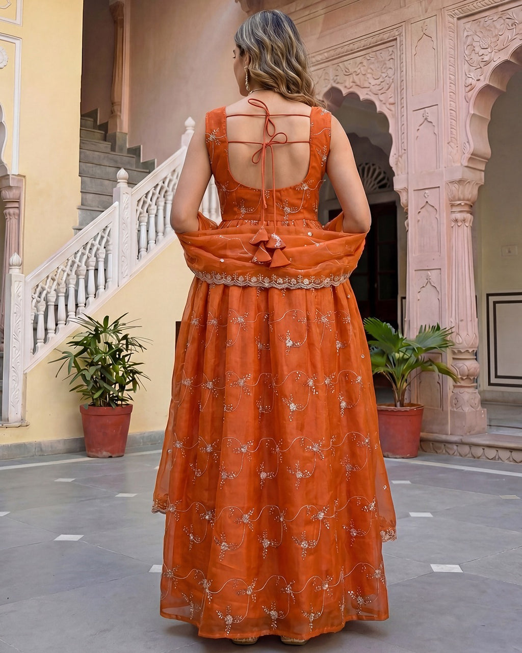Rust Orange Embroidered Chanderi Silk Anarkali Set with Scalloped Organza Dupatta