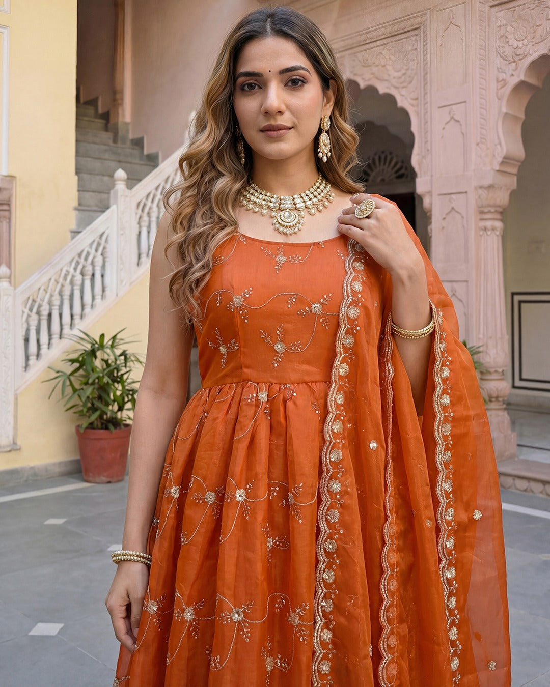 Rust Orange Embroidered Chanderi Silk Anarkali Set with Scalloped Organza Dupatta