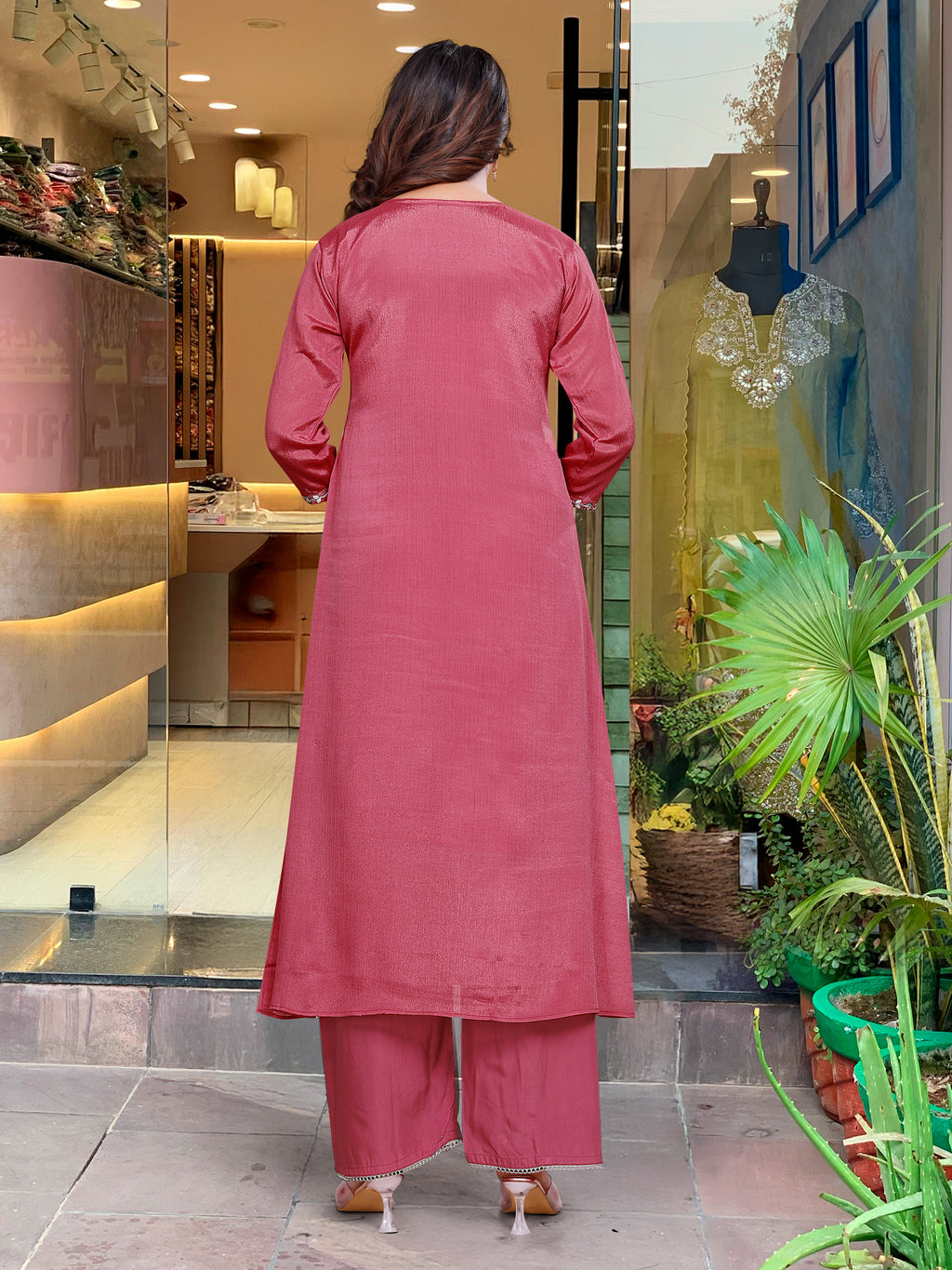 Mauve Viscose Chinon Anarkali Kurta Set with Intricate Floral Yoke Embroidery & Fluid Chiffon Dupatta