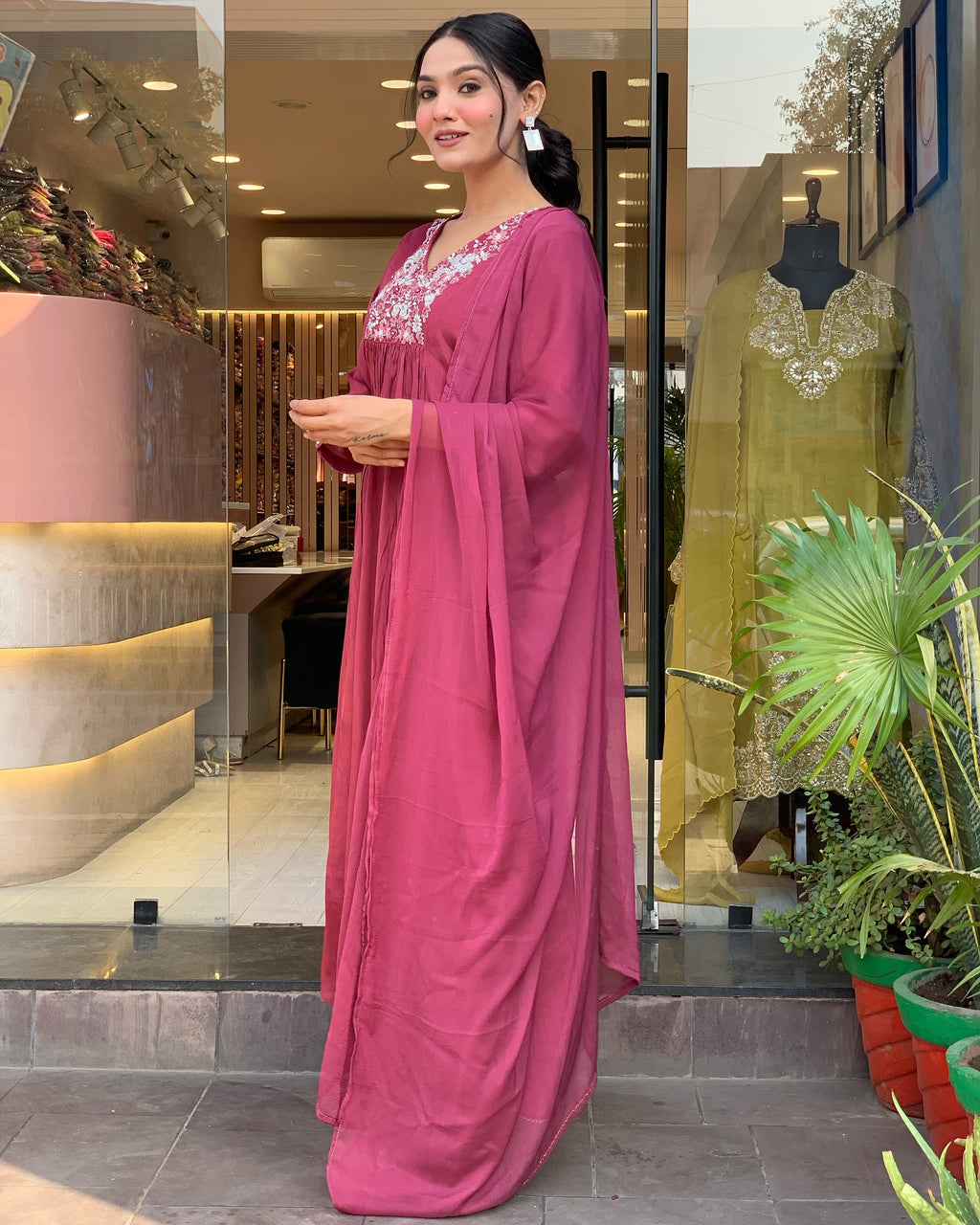 Mauve Viscose Chinon Anarkali Kurta Set with Intricate Floral Yoke Embroidery & Fluid Chiffon Dupatta