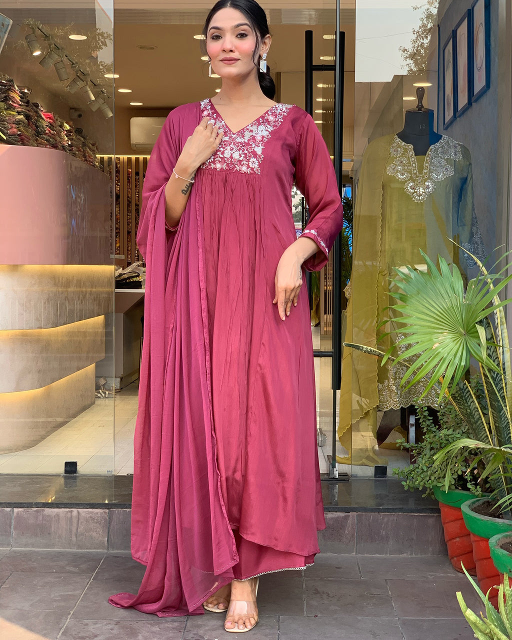 Mauve Viscose Chinon Anarkali Kurta Set with Intricate Floral Yoke Embroidery & Fluid Chiffon Dupatta