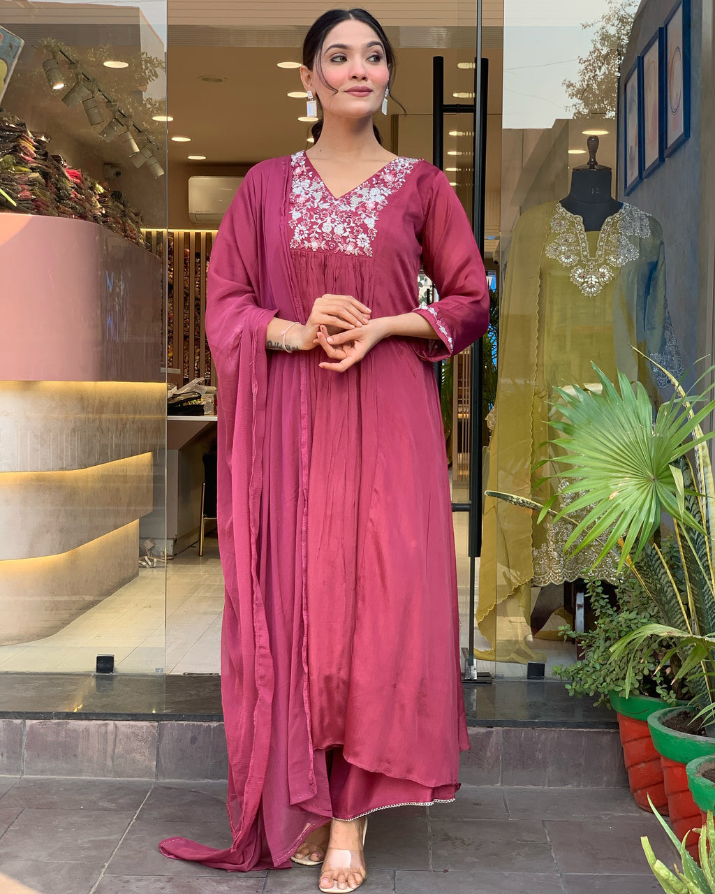 Mauve Viscose Chinon Anarkali Kurta Set with Intricate Floral Yoke Embroidery & Fluid Chiffon Dupatta
