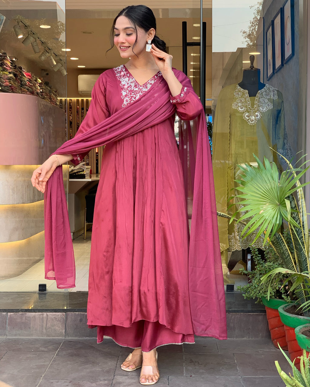 Mauve Viscose Chinon Anarkali Kurta Set with Intricate Floral Yoke Embroidery & Fluid Chiffon Dupatta