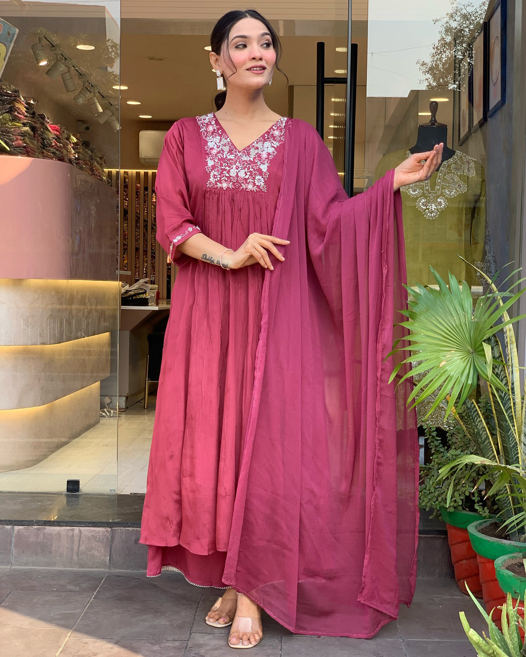 Mauve Viscose Chinon Anarkali Kurta Set with Intricate Floral Yoke Embroidery & Fluid Chiffon Dupatta