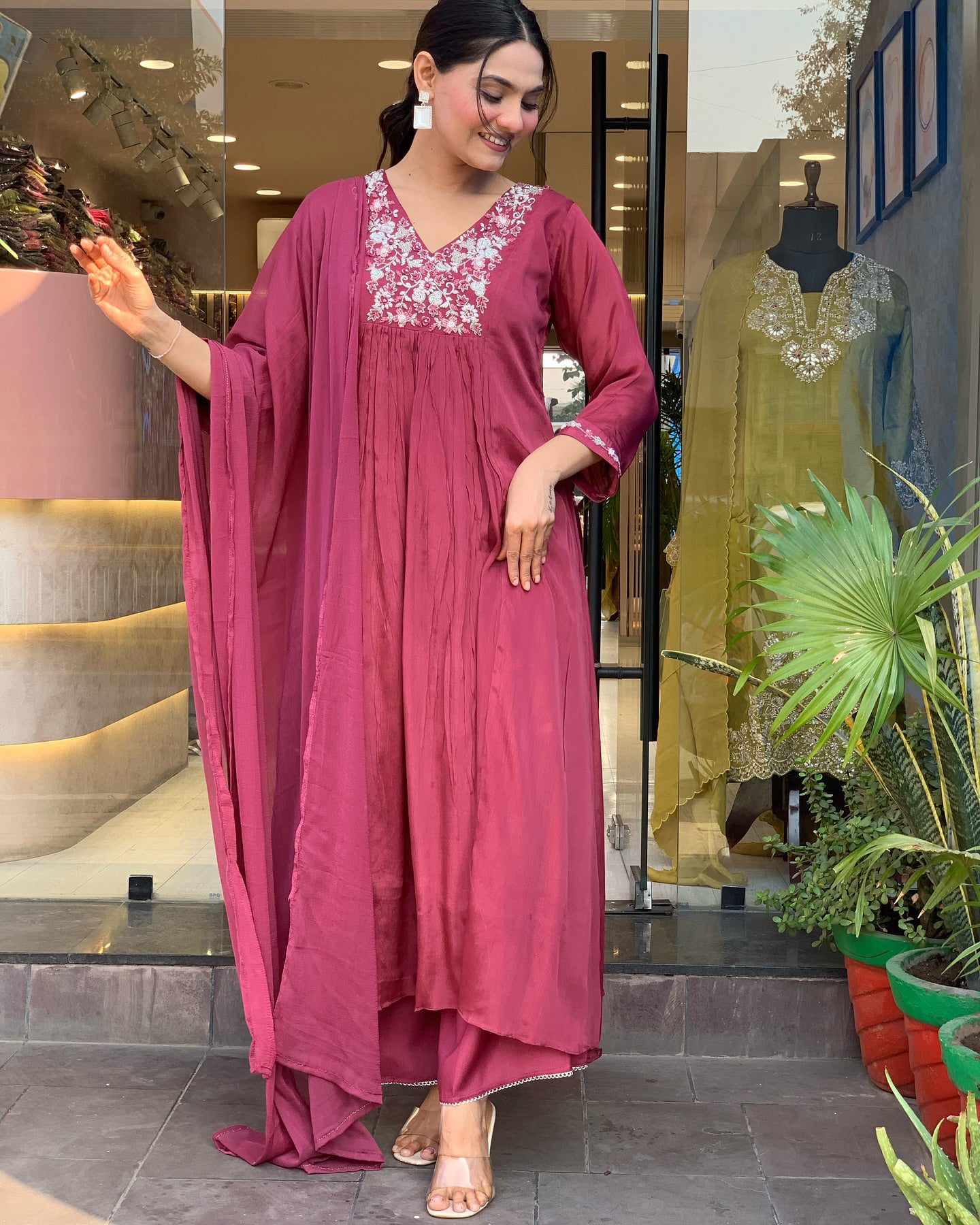 Mauve Viscose Chinon Anarkali Kurta Set with Intricate Floral Yoke Embroidery & Fluid Chiffon Dupatta