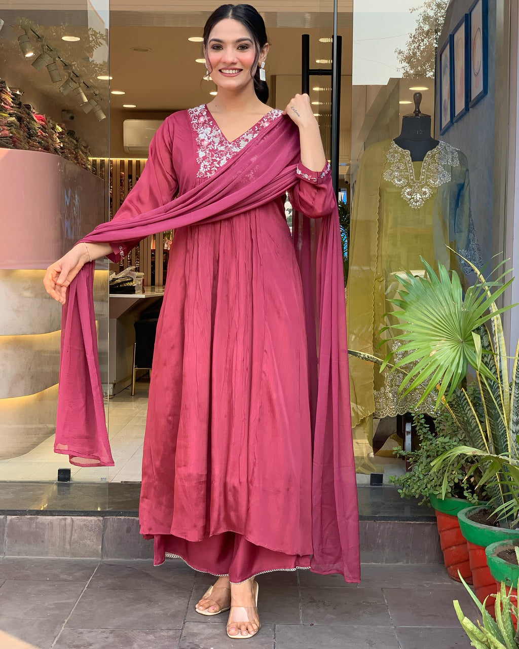 Mauve Viscose Chinon Anarkali Kurta Set with Intricate Floral Yoke Embroidery & Fluid Chiffon Dupatta