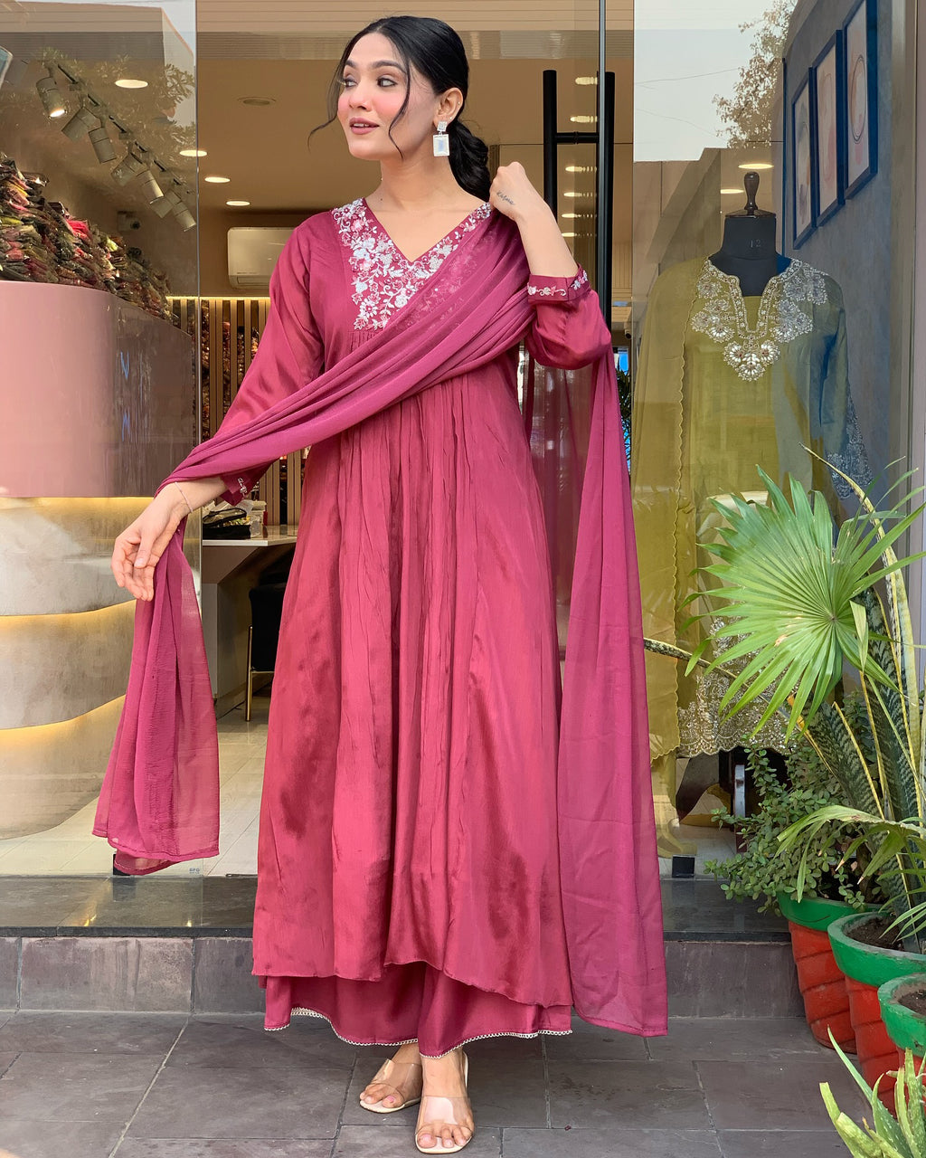 Mauve Viscose Chinon Anarkali Kurta Set with Intricate Floral Yoke Embroidery & Fluid Chiffon Dupatta
