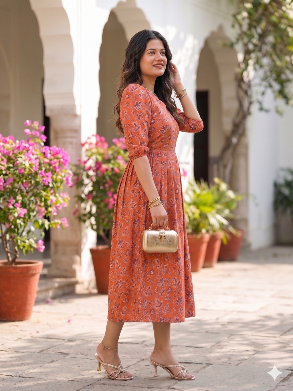 Sunset Blooms Cotton Midi Dress
